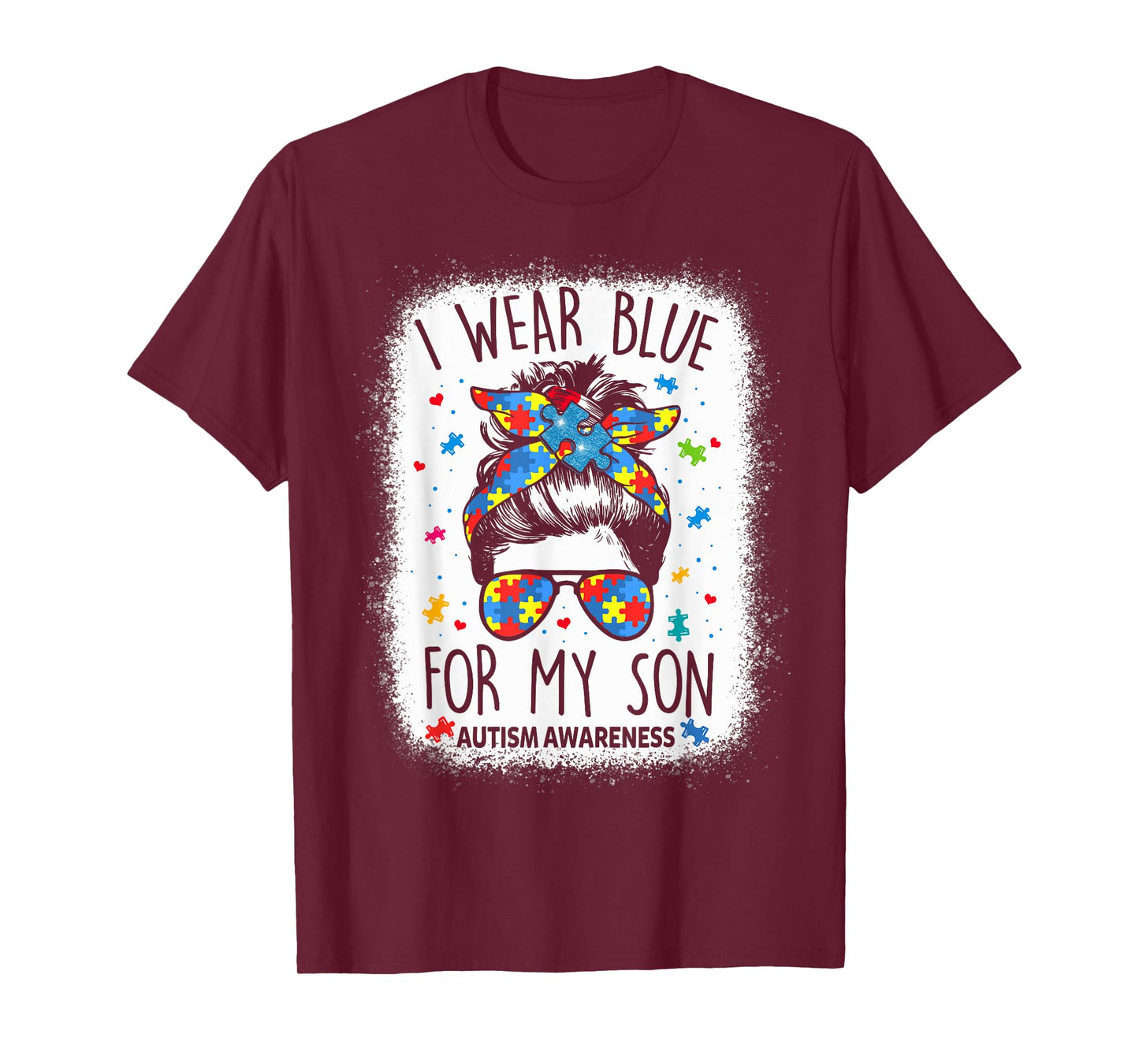 Autism Awareness shirt Mom Messy Bun I Wear Blue For My Son T-Shirt