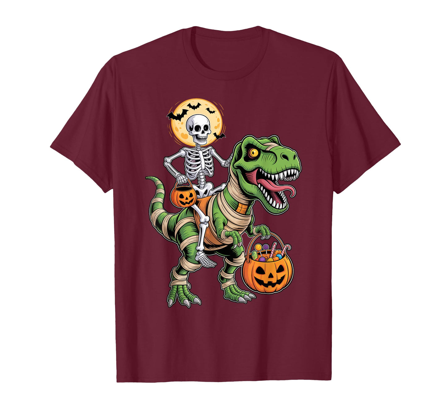Skeleton Riding Mummy Dinosaur Pumpkin Spooky Trex Halloween T-Shirt