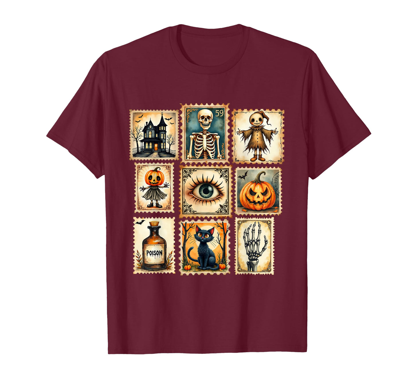 Vintage Cat Pumpkin Halloween Postage Stamp Grid T-Shirt