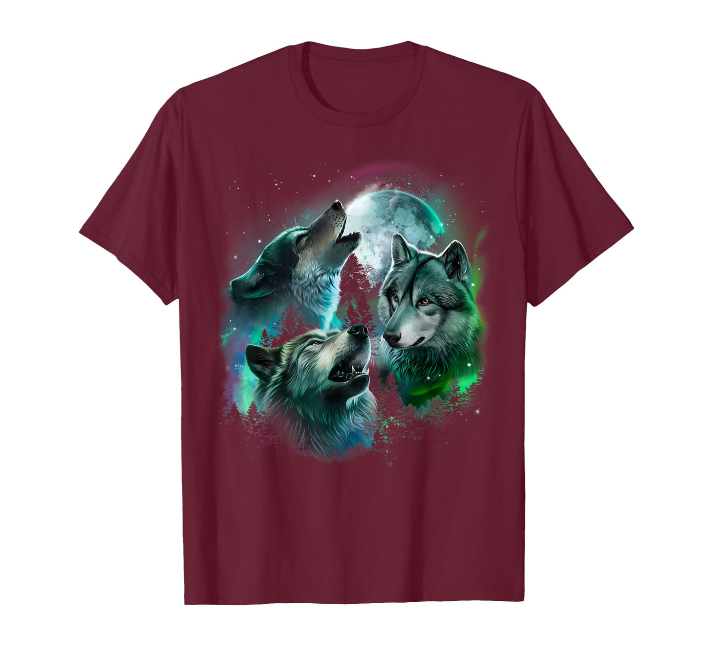 Grey Wolf Hunting in the Forest under Full Moon and Aurora T-Shirt