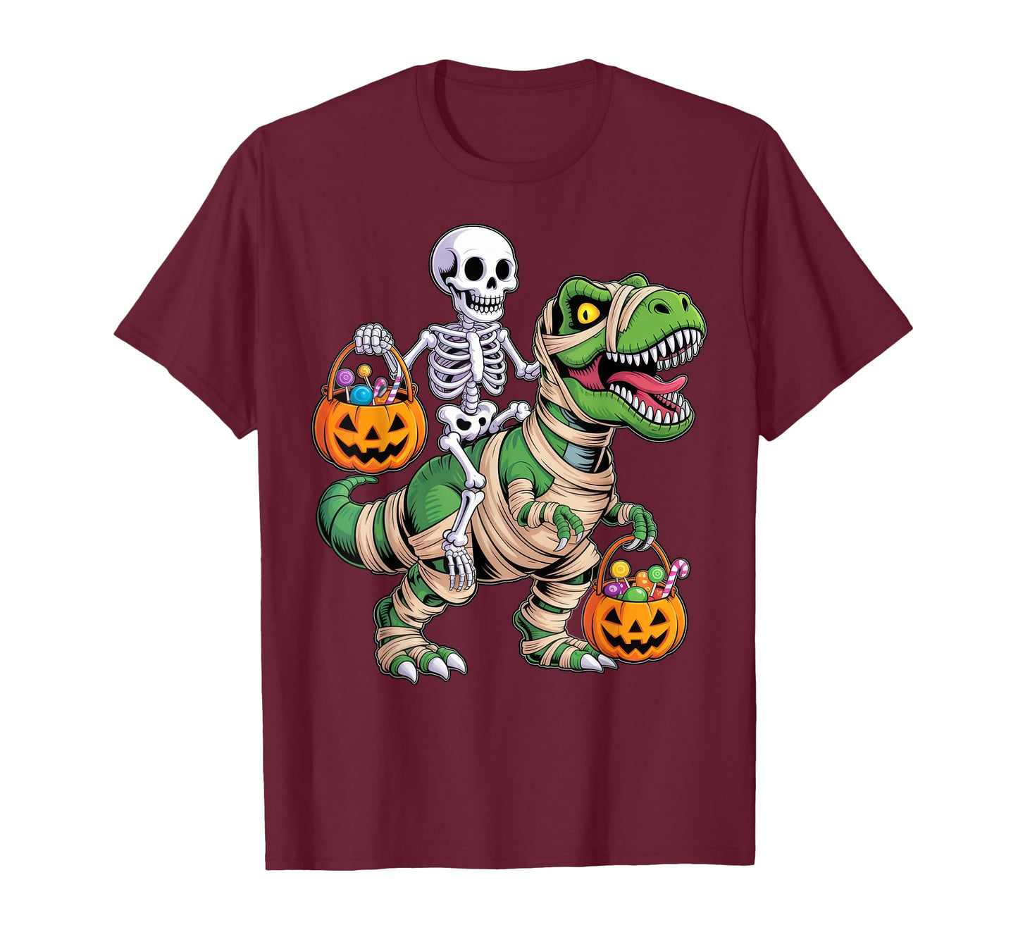 Skeleton Riding Mummy Dinosaur T rex Halloween Funny Pumpkin T-Shirt