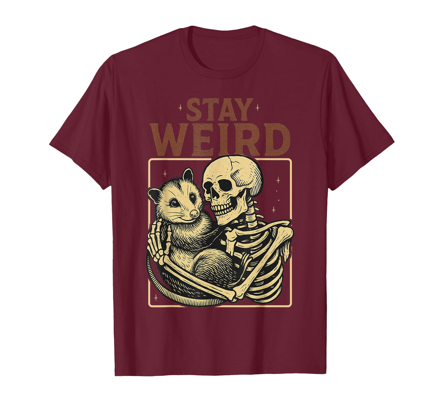 Skeleton Hugging Opossum Stay Weird Vintage Humor Possum T-Shirt
