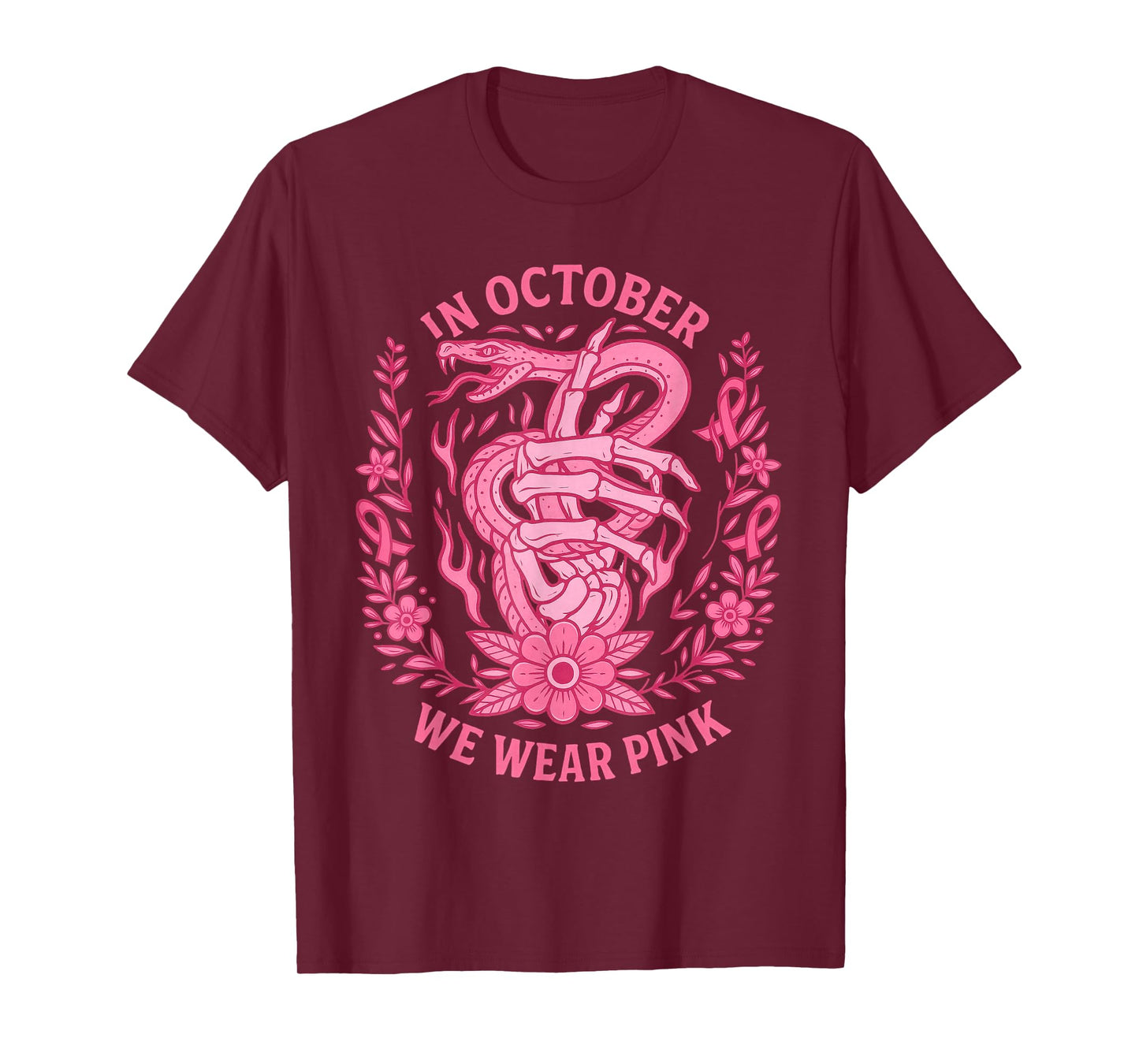 in October We Wear Pink Ribbon Snake Skeleton Hand Womens T-Shirt