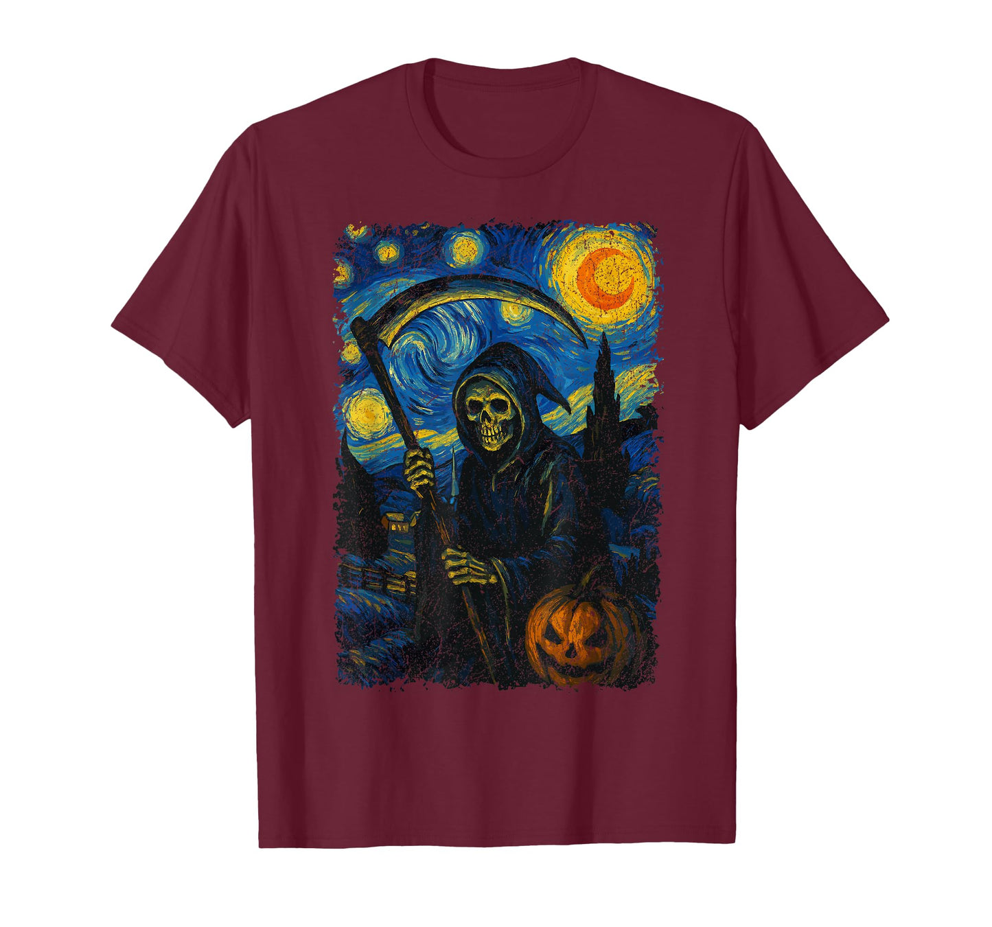 Grim Reaper Skeleton Halloween Pumpkin Van Gogh Starry Night T-Shirt