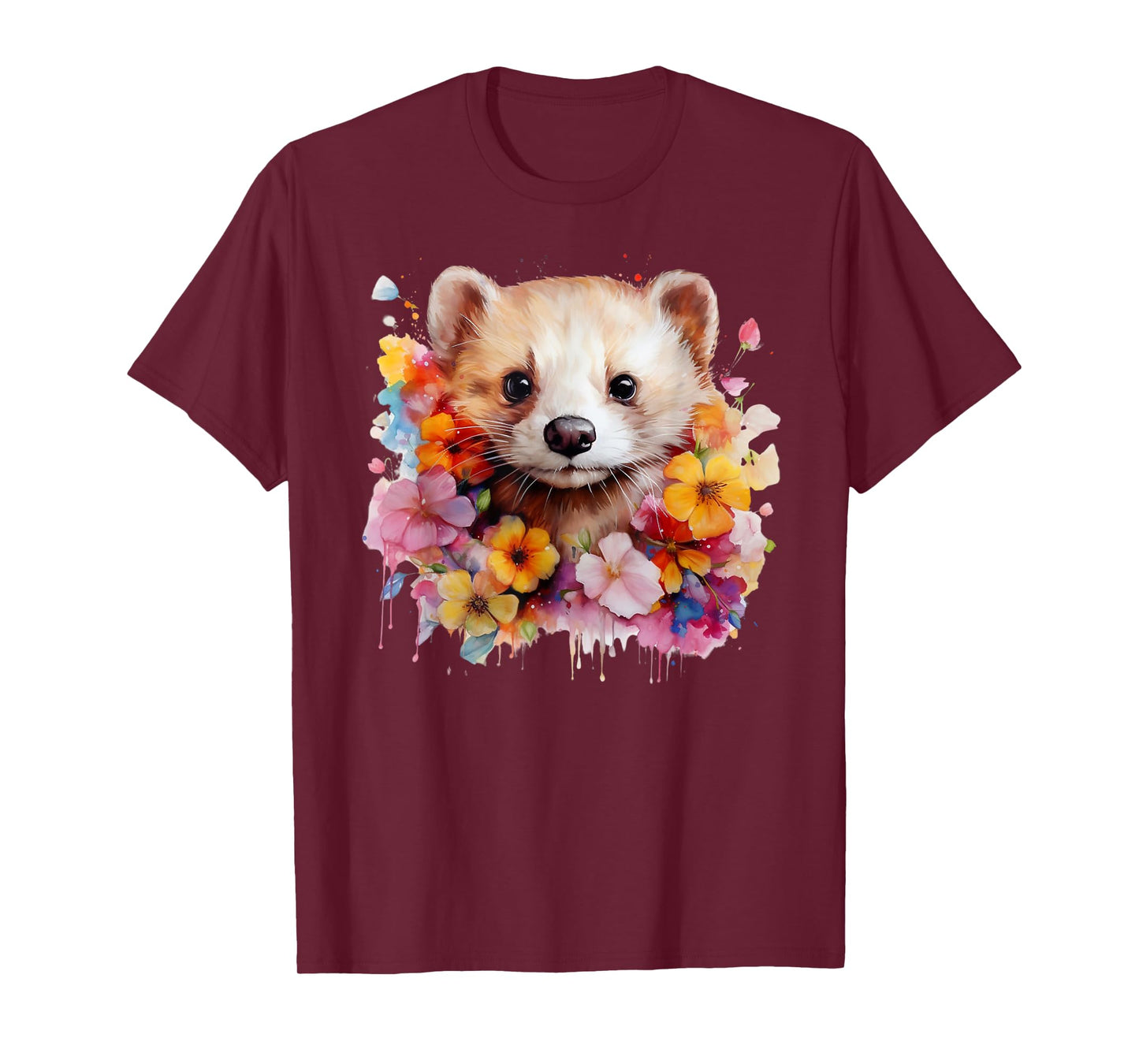 Pet Ferret Nature Portrait Artistic Watercolor Ferret Mom T-Shirt