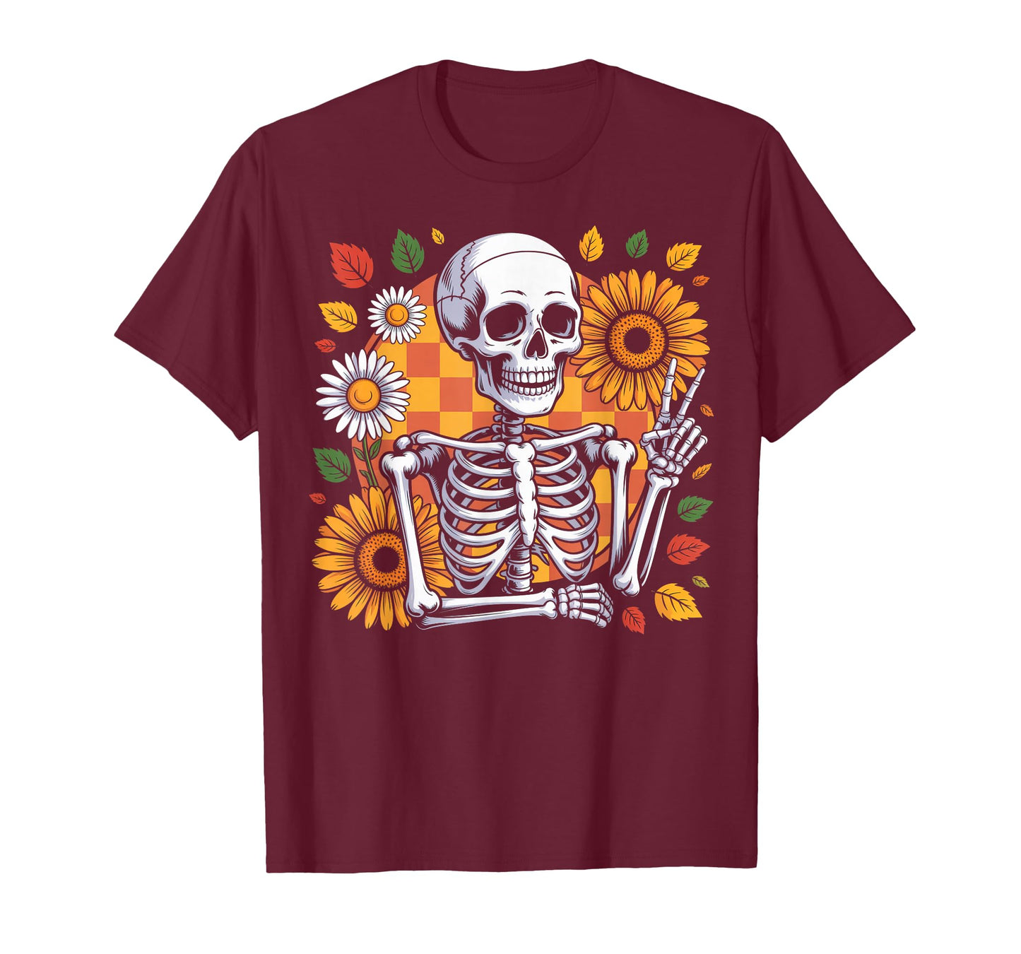 Skeleton Peace Fall Vibes Floral Retro T-Shirt