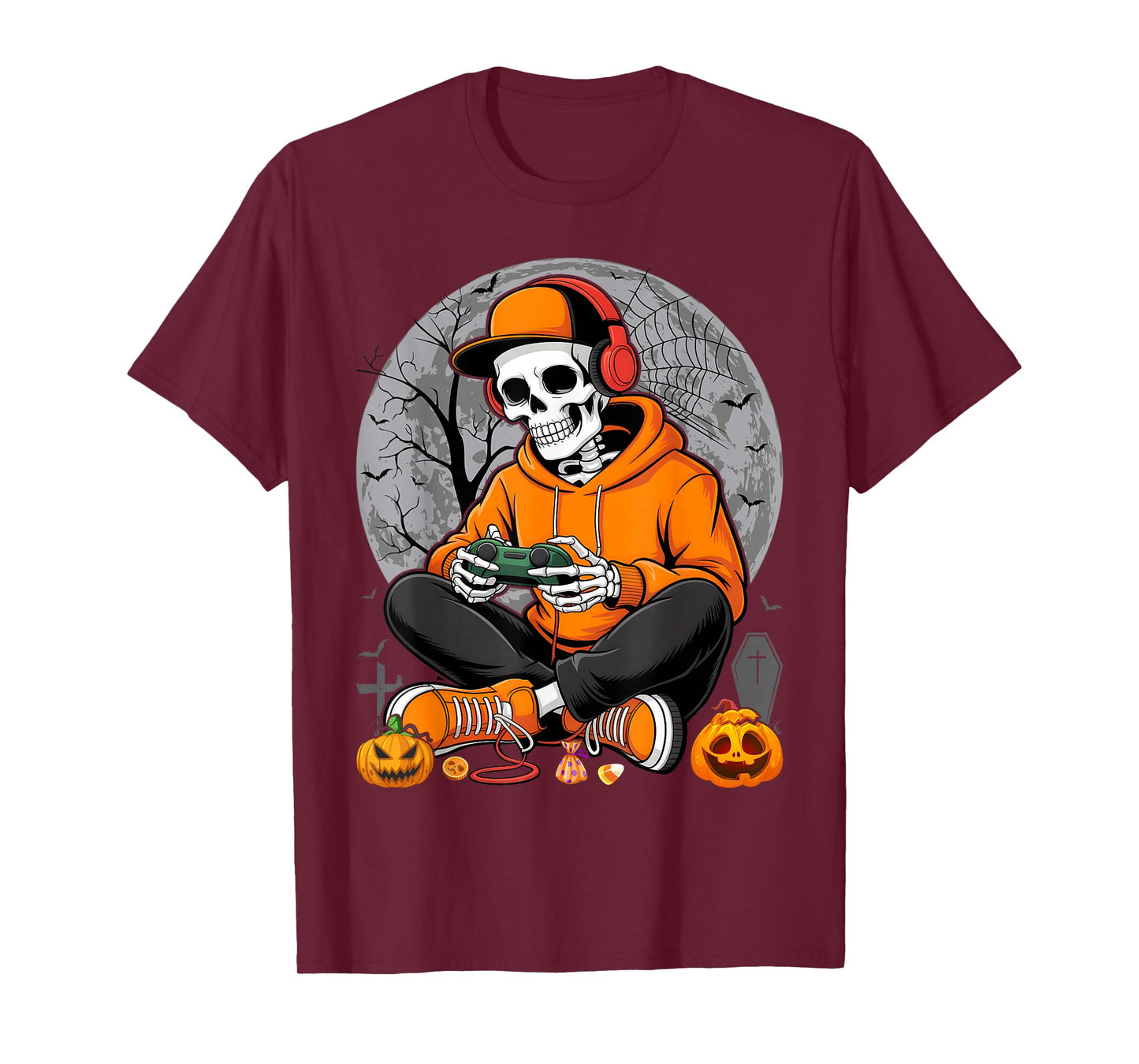 Gaming Skeleton Halloween Funny Gamer Boys Kids Men T-Shirt