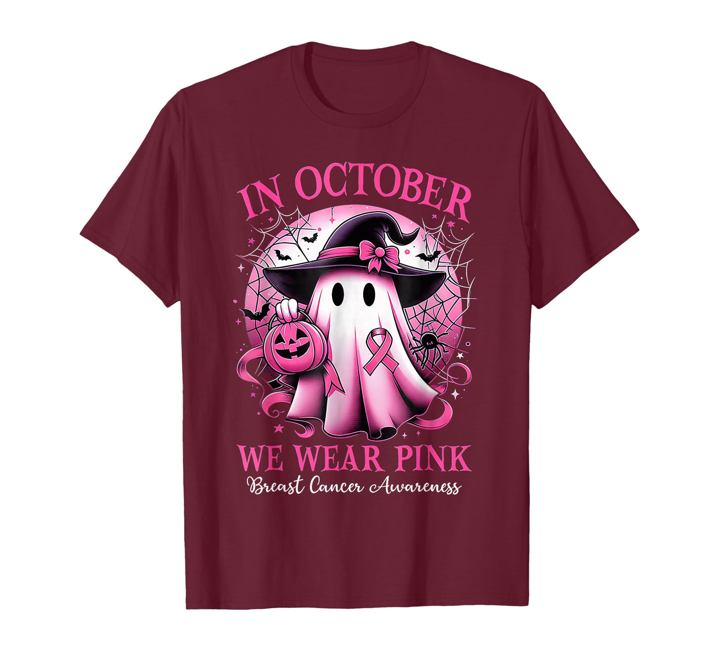 In October We Wear Pink Witch Ghost Breast Cancer Awareness T-Shirt
