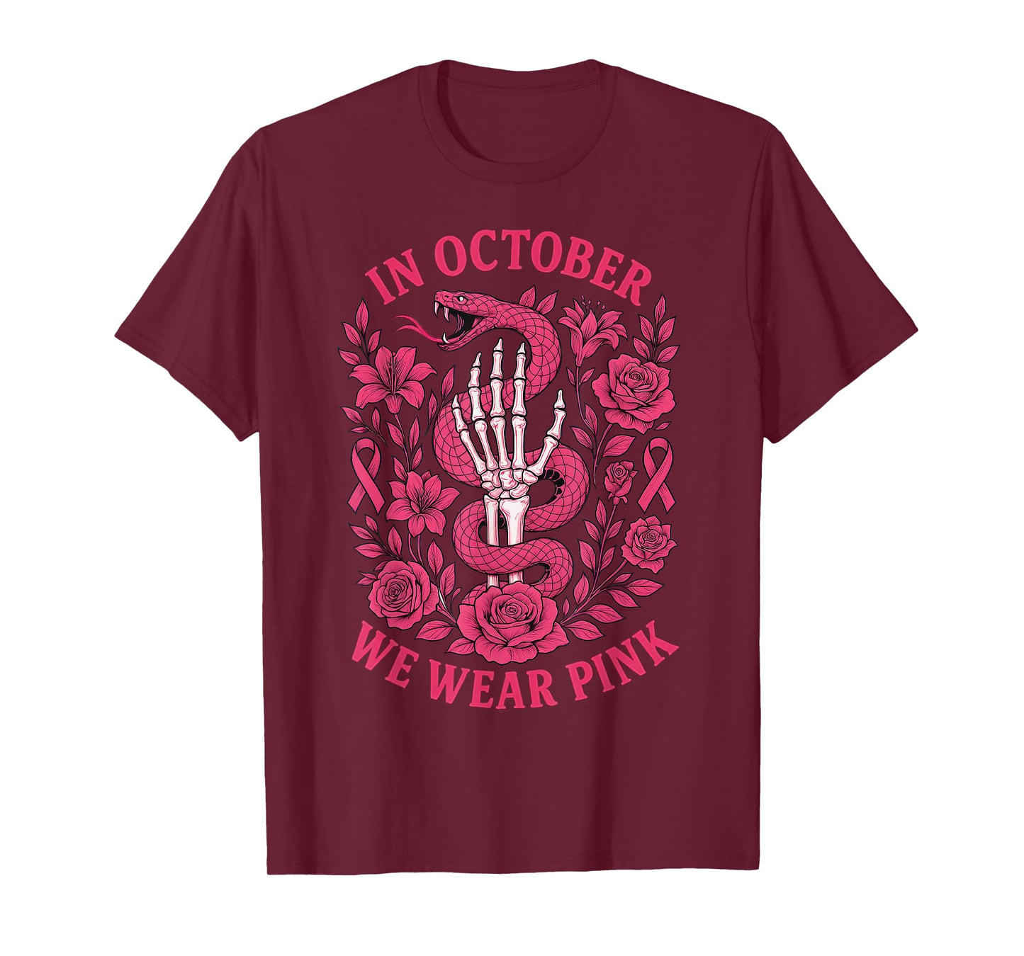 in October We Wear Pink Ribbon Snake Skeleton Hand Womens T-Shirt