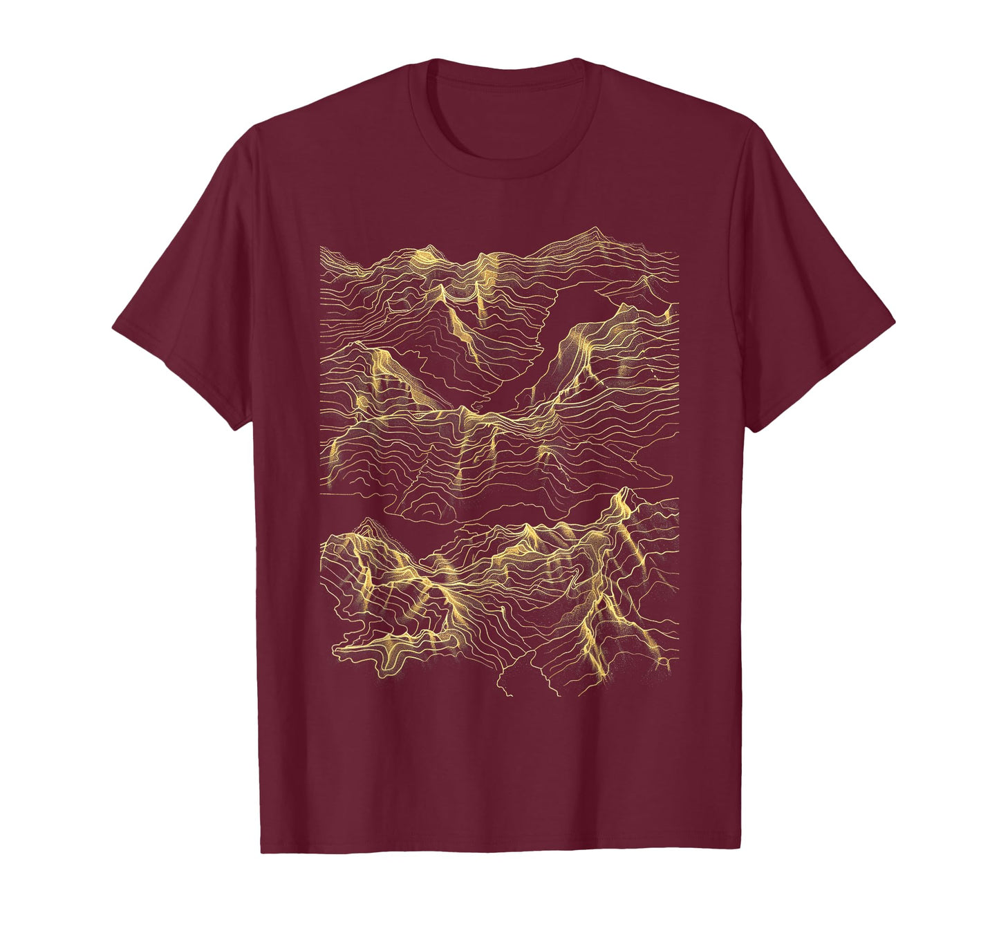 Mountain Range Abstract Art Minimalist Gold Lines T-Shirt - Unisex-Adults, Black, Small, Short Sleeve, Topographic Map, T-Shirt