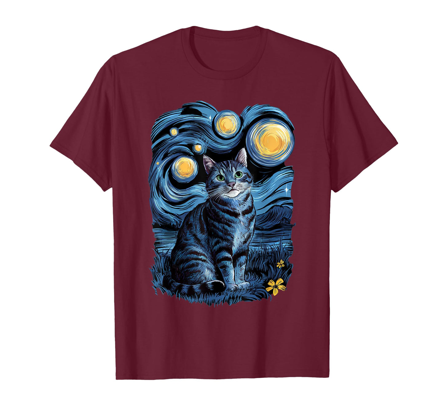 Van Gogh Cat Gifts Tabby Cat Owners Cat Lady Black Men Cat T-Shirt