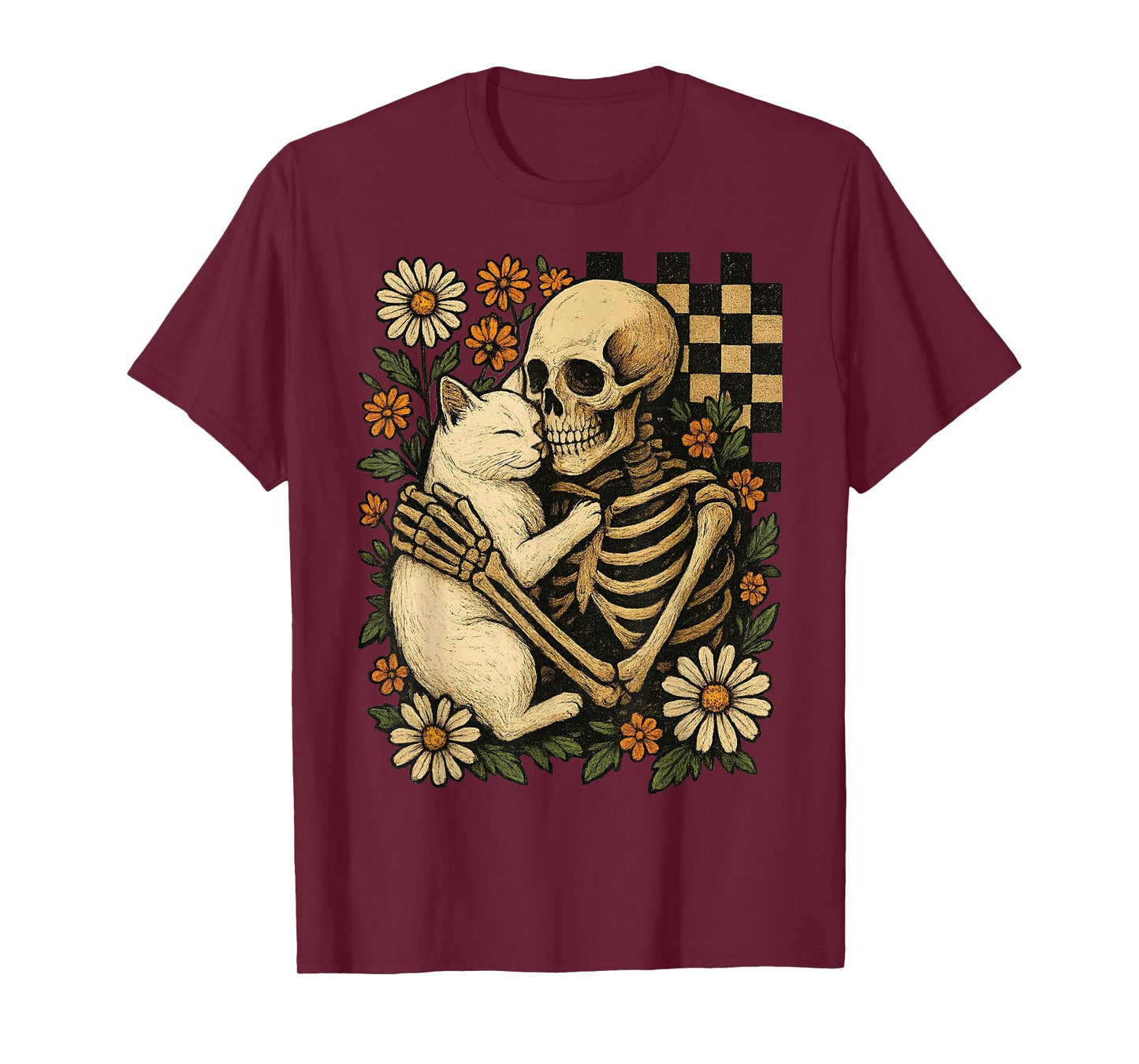 Vintage Skeleton Hugging Cat Gothic Floral Halloween Retro T-Shirt