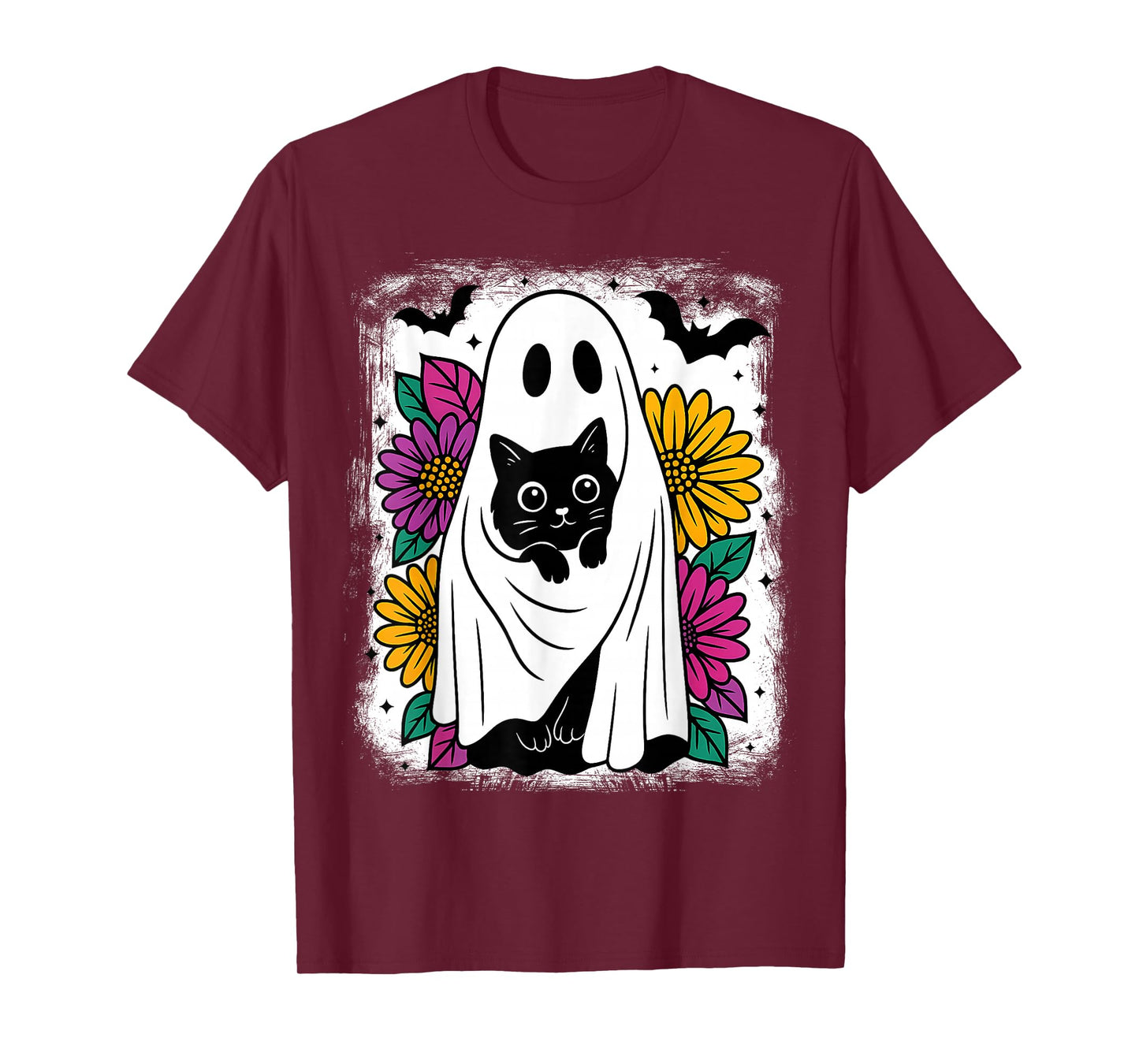 Retro Halloween Ghost and Cats Preppy Floral Kitten Lovers T-Shirt