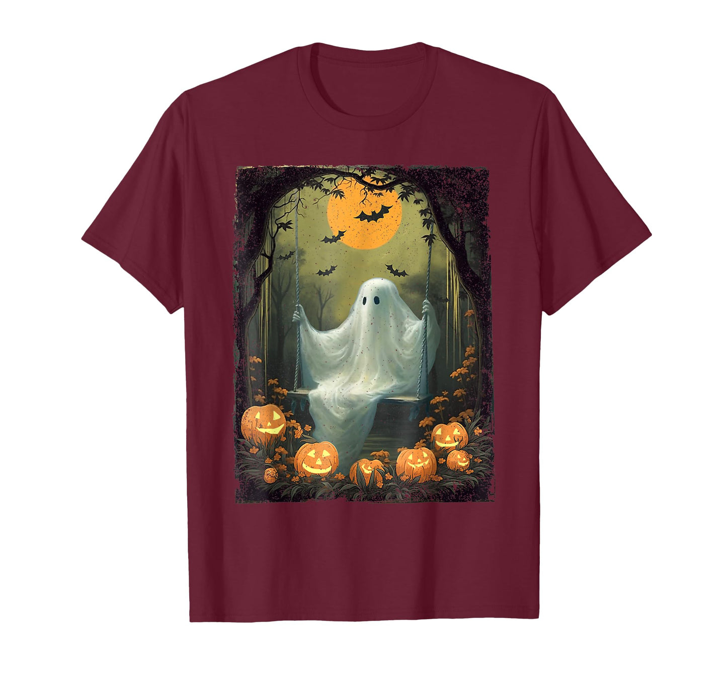 Vintage Floral Ghost On Swing In Forest Halloween Pumpkin T-Shirt