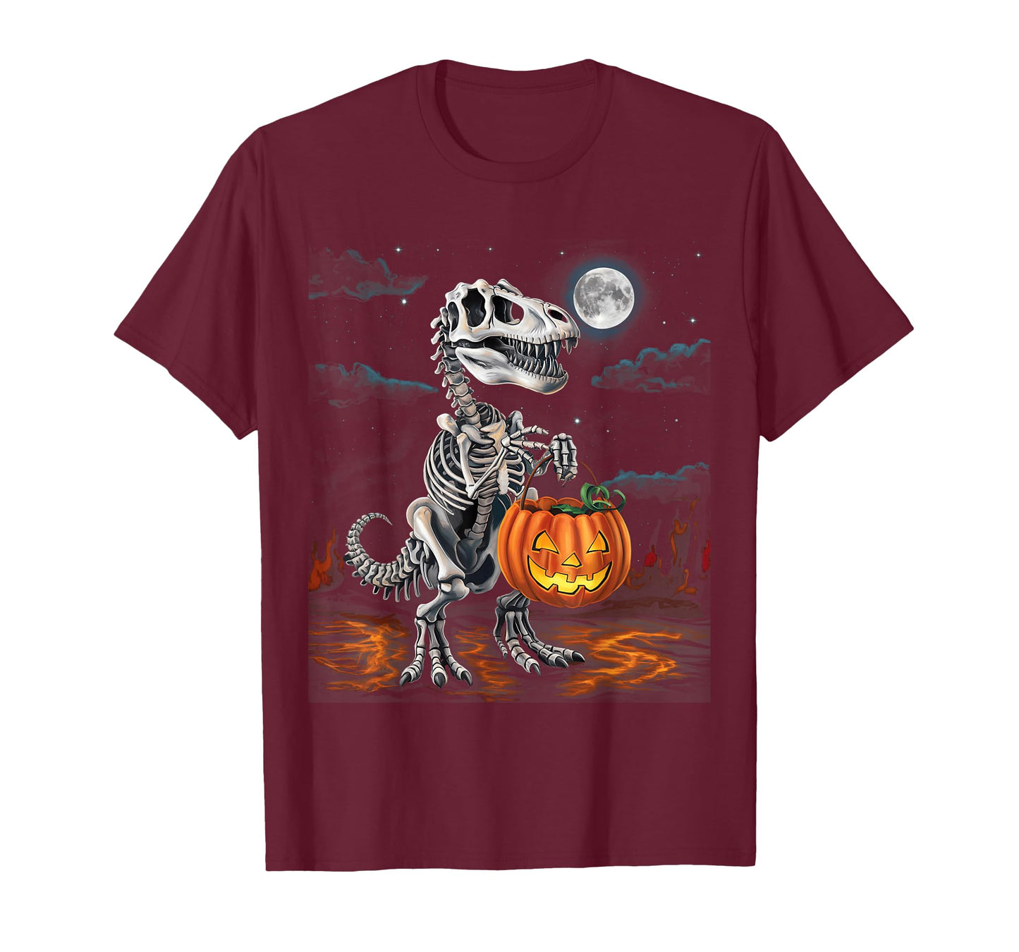 Dinosaur Skeleton T rex Scary Pumpkin Moon Boys Halloween T-Shirt