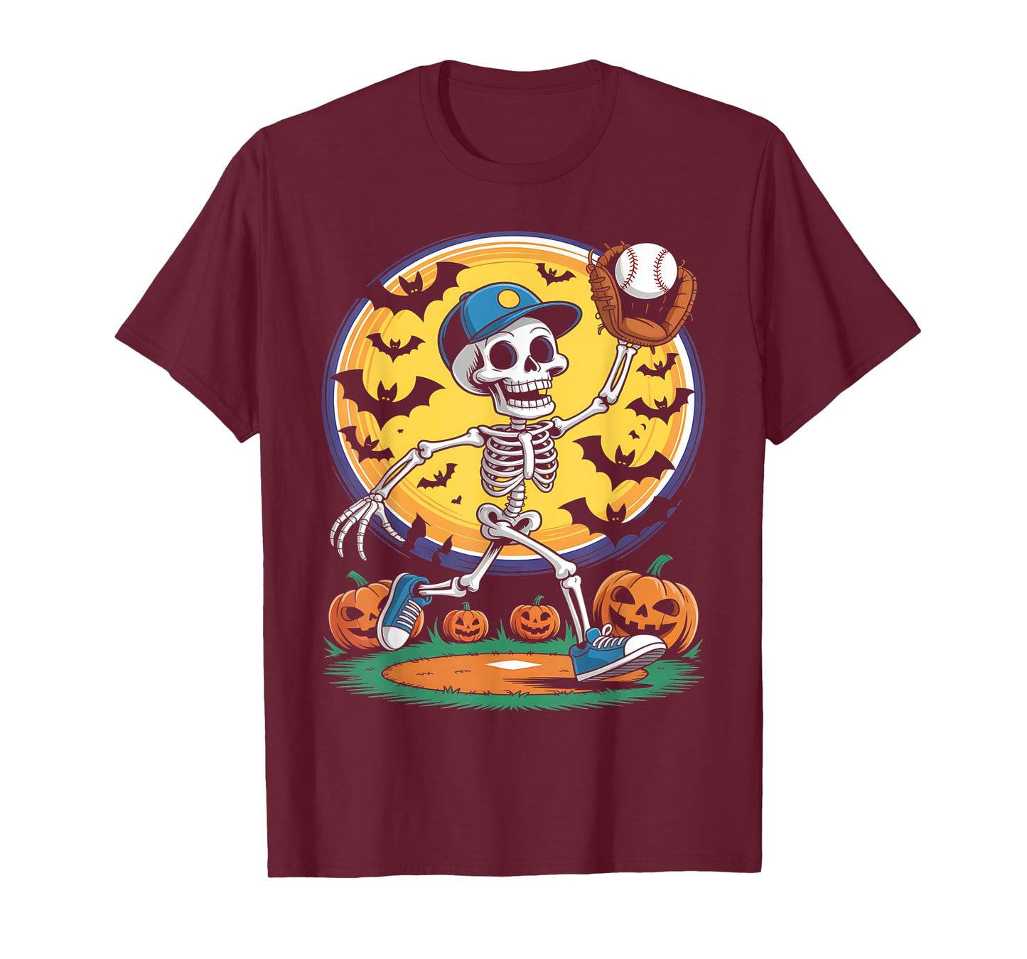 Baseball Skeleton Halloween Men Boys Baseball Spooky Season T-Shirt