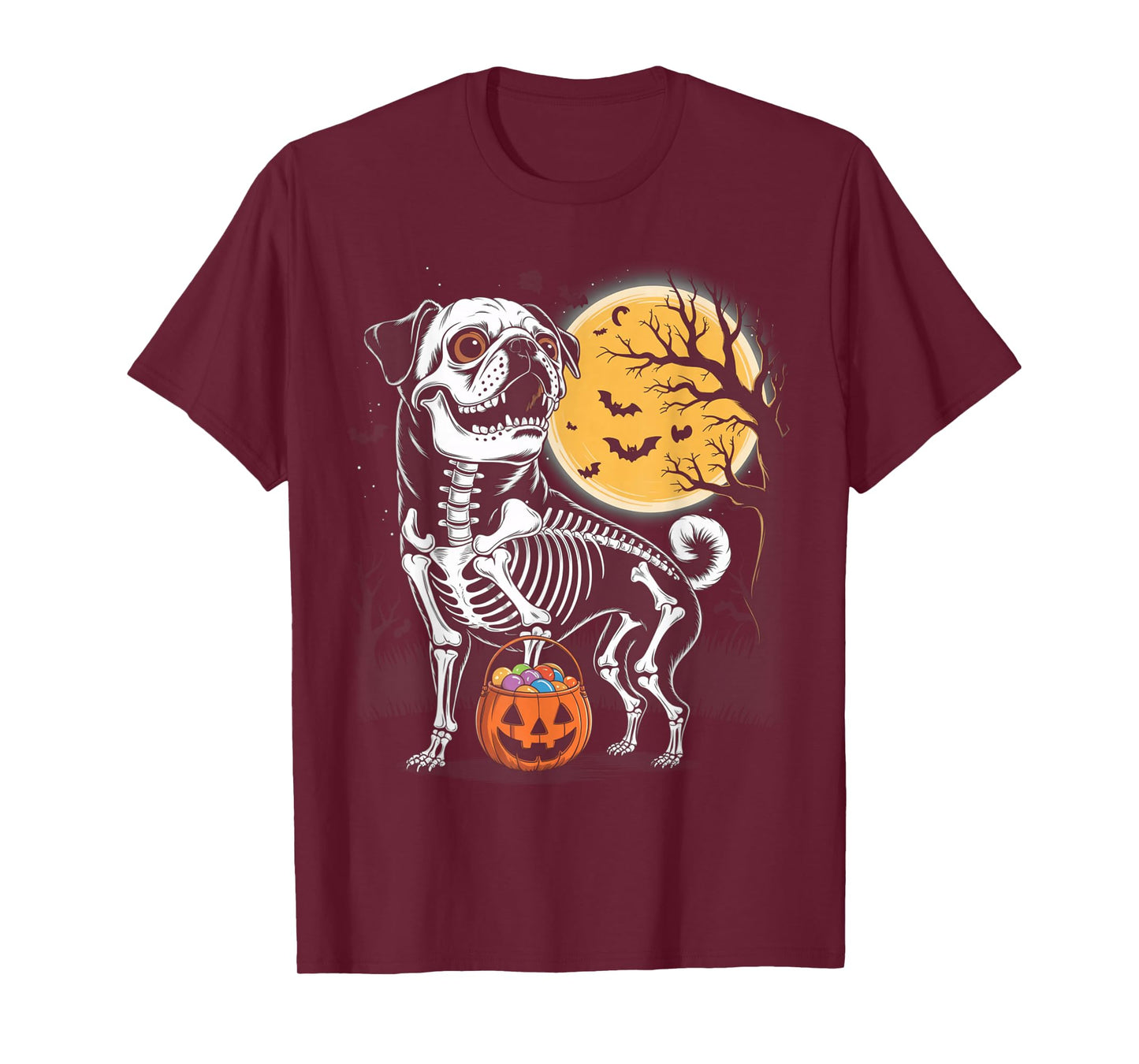 Funny Pug Skeleton Scary Pumpkin Moon Halloween T-Shirt