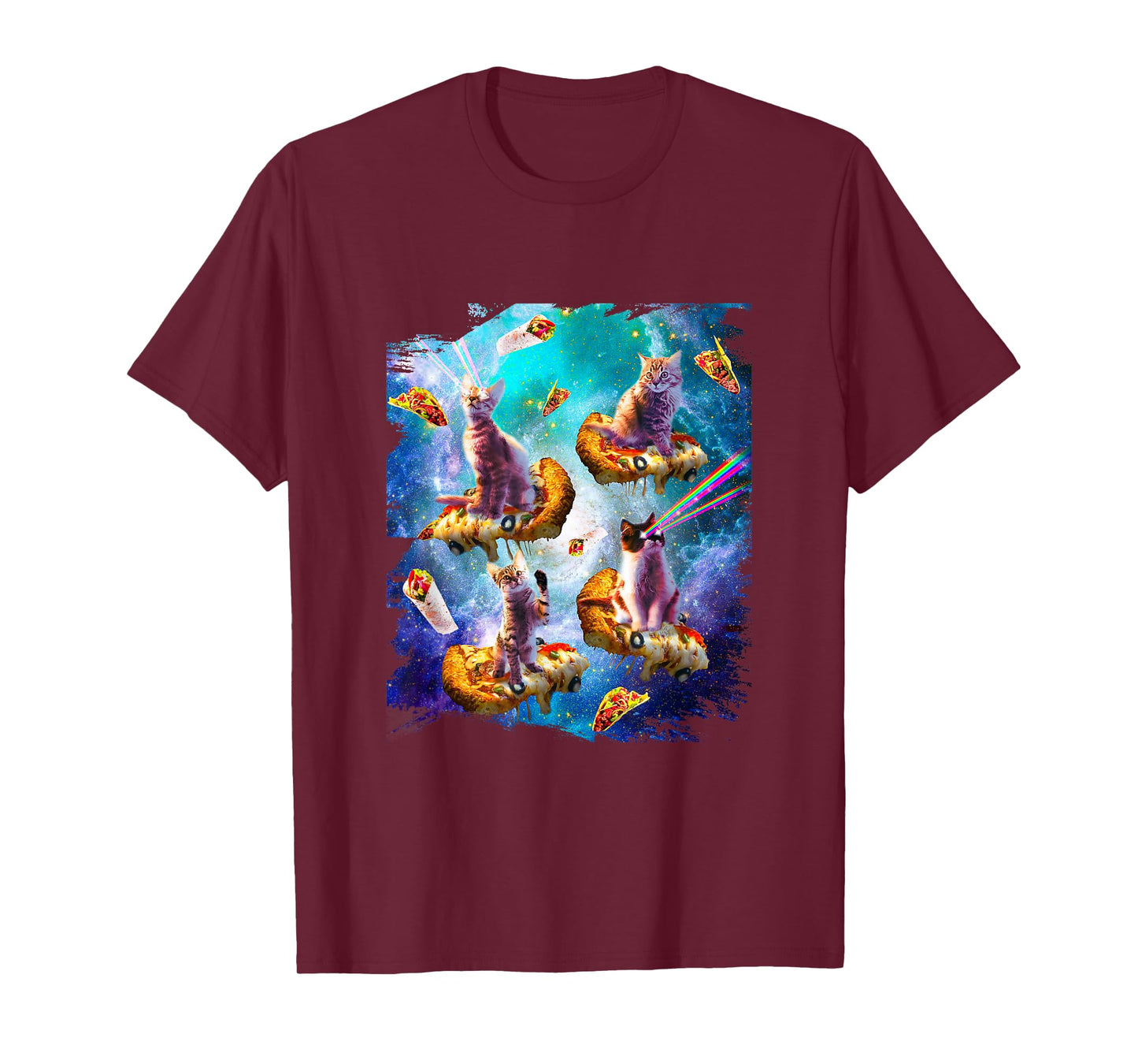 Space cats with rainbow laser eyes riding pizza T-Shirt