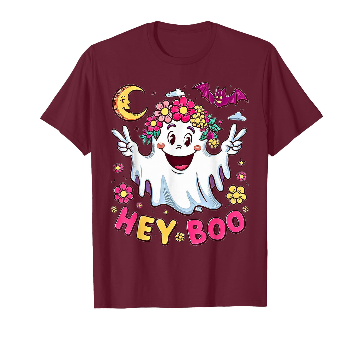 Hey Boo Cute Ghost Design with Flowers for Halloween T-Shirt