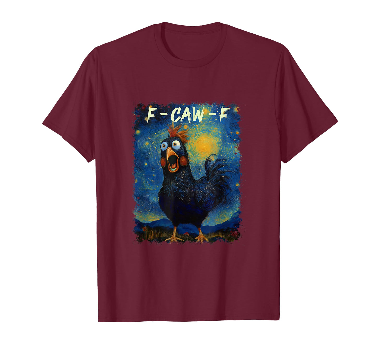 Funny F-CAW-F Black Chicken in Starry Night Van Gogh Style T-Shirt