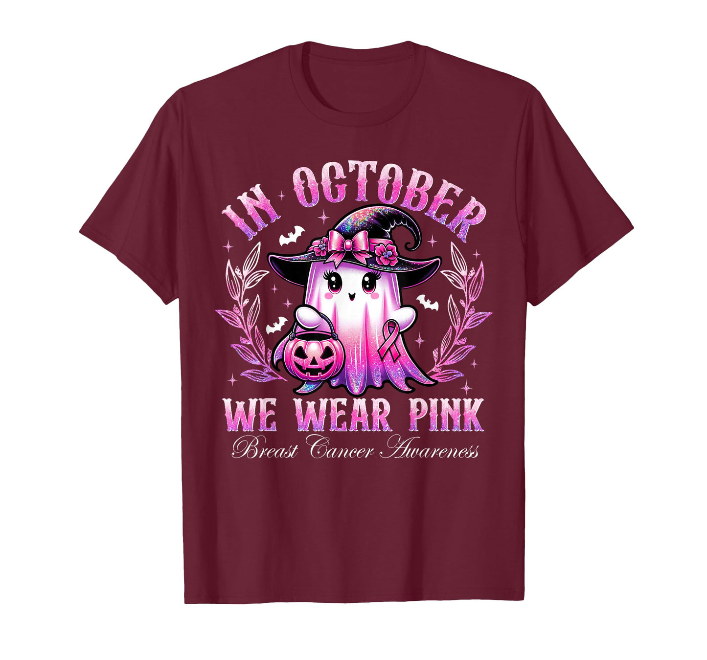 In October We Wear Pink Breast Cancer Awareness Ghost Witch T-Shirt