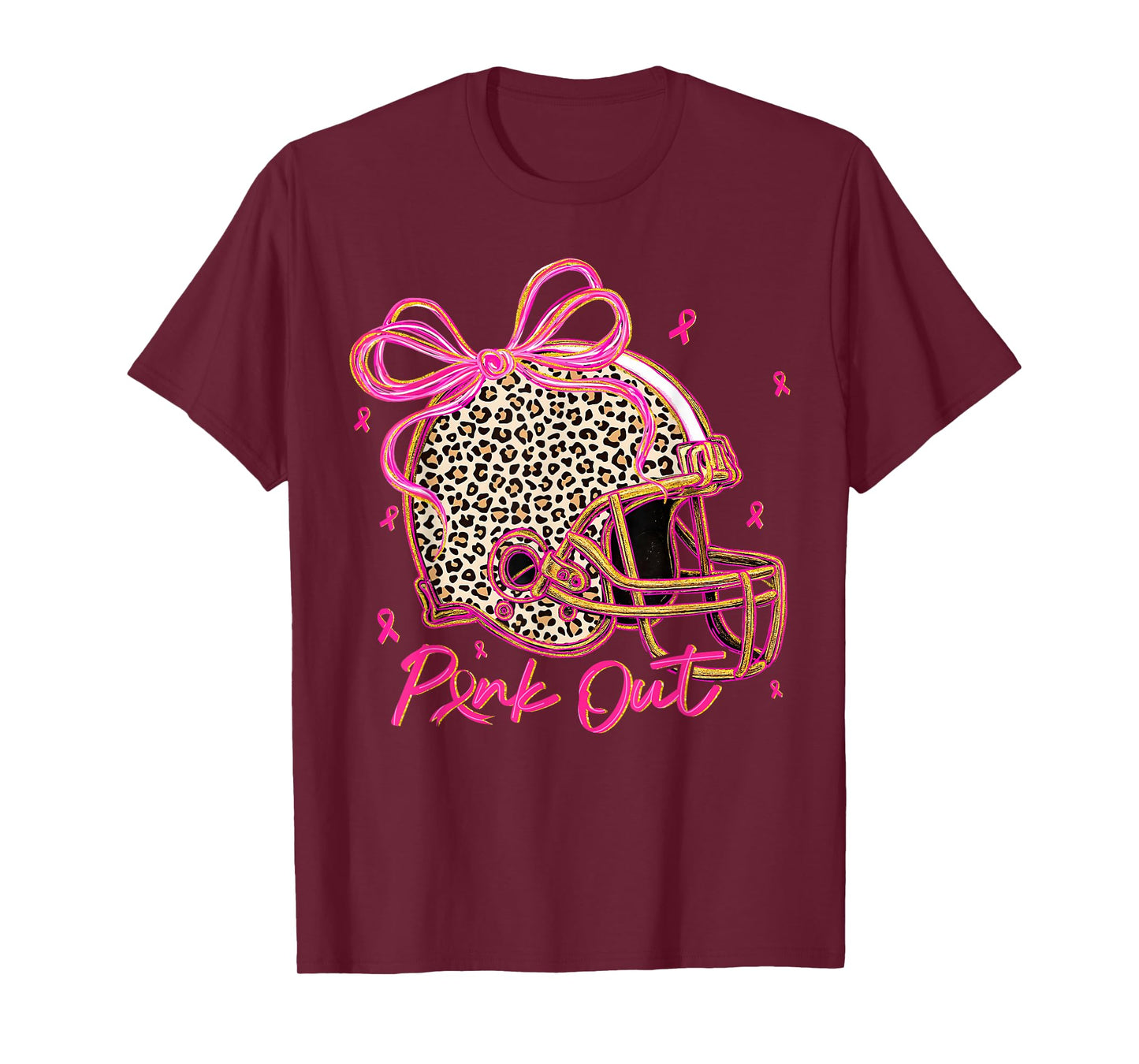 Pink Out Leopard Football Helmet Bow Preppy Breast Cancer T-Shirt