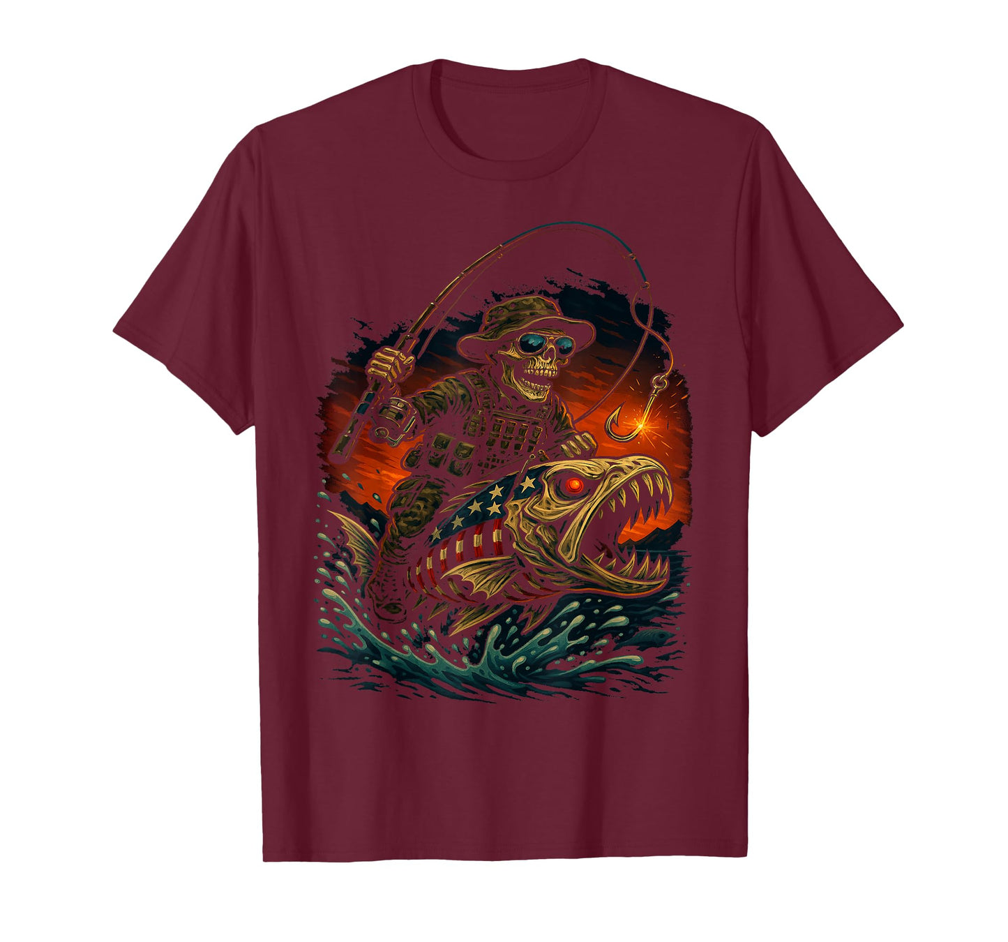 Fishing American Flag Bass Fish Skull Skeleton Fisherman T-Shirt