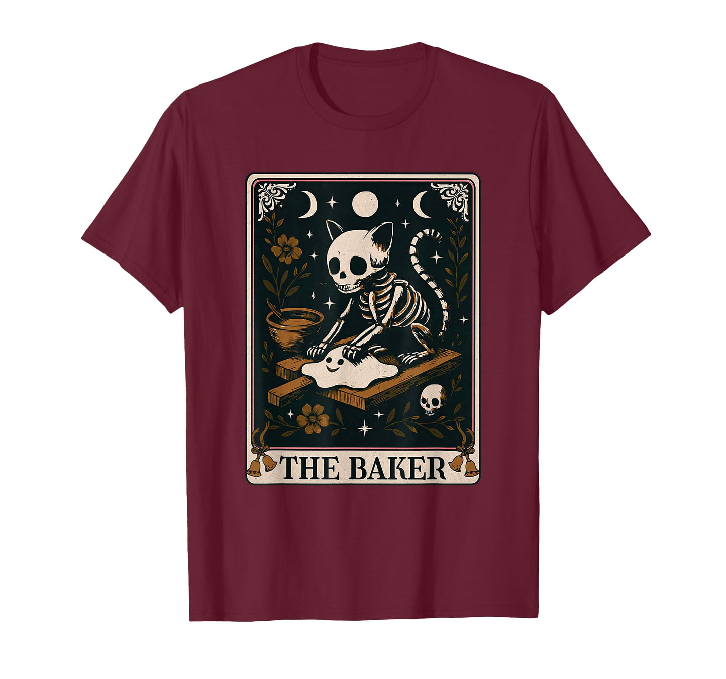 Skeleton Cat Kneading Biscuits Tarot Card Halloween Baker T-Shirt