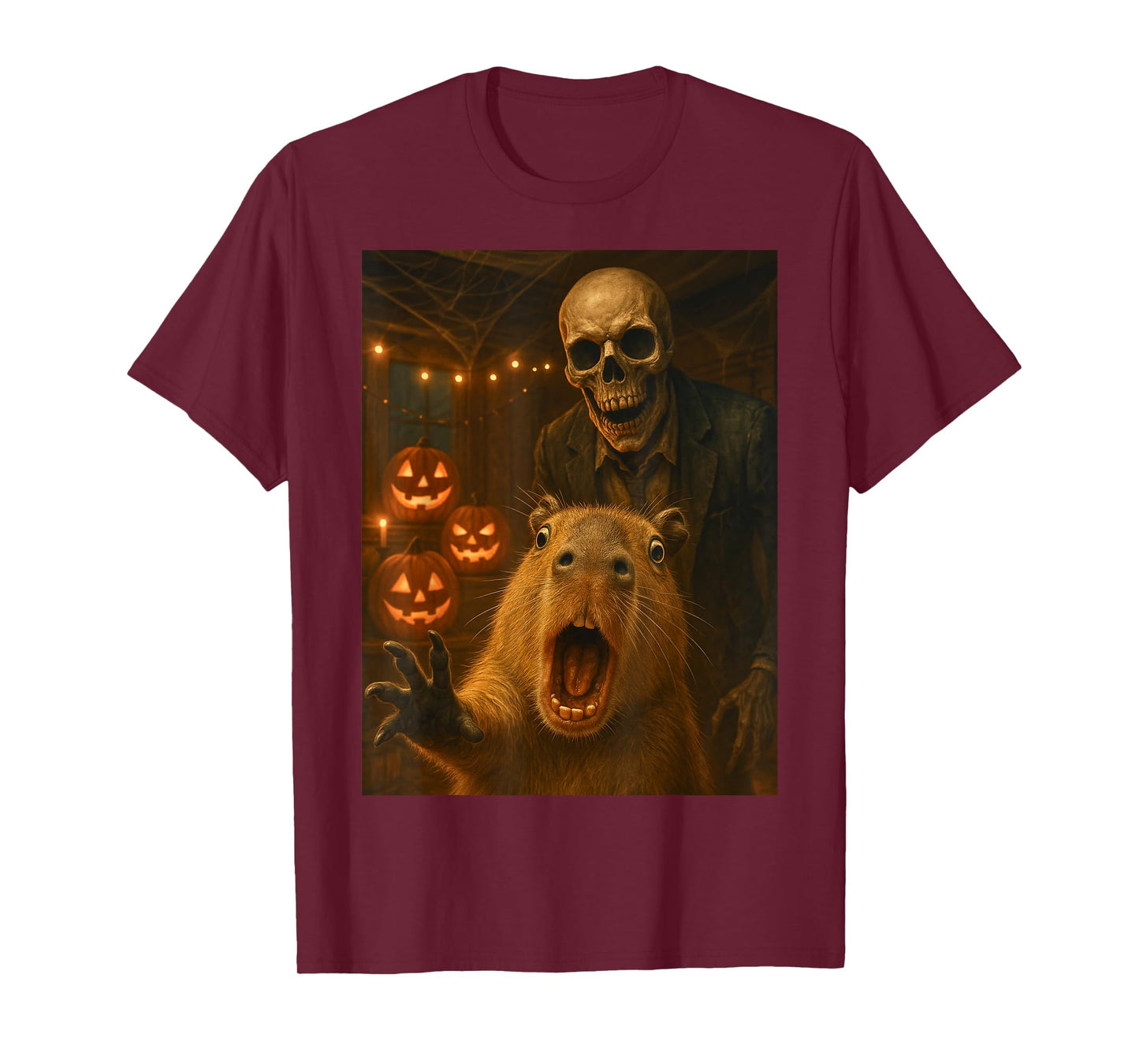Scared Capybara Selfie with Skeleton Funny Halloween Outfit T-Shirt