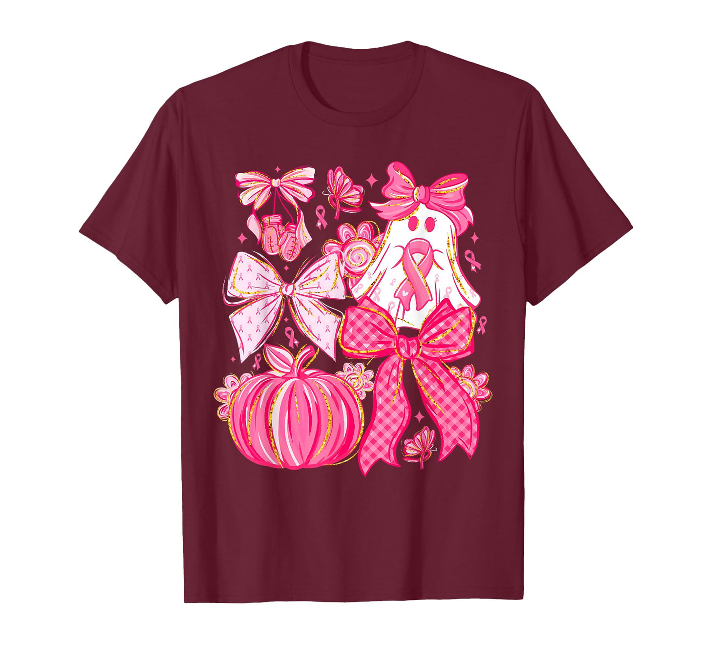 Pink Ribbon Pumpkin Ghost Halloween Breast Cancer Awareness T-Shirt