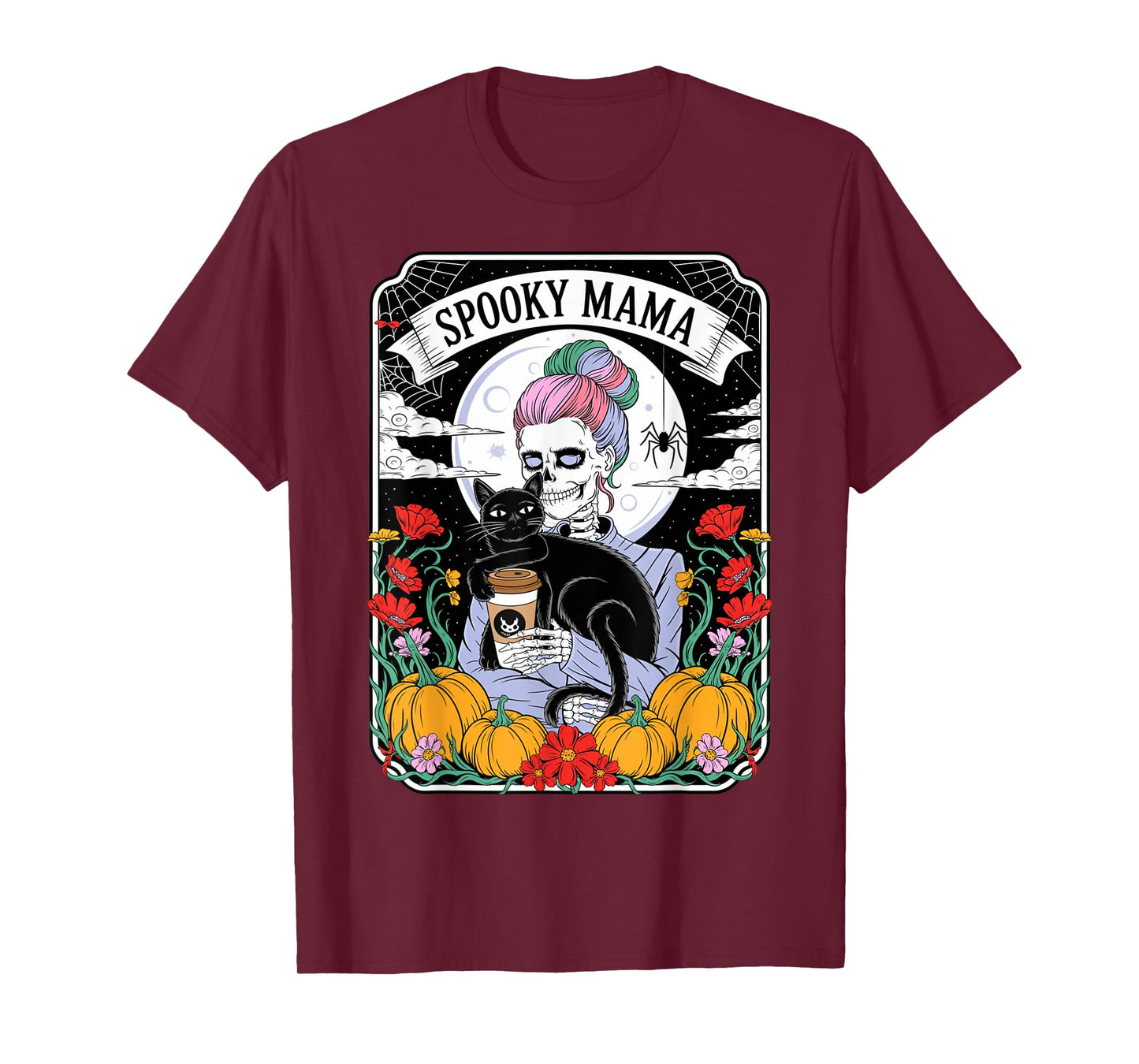Spooky Mom Skeleton Black Cat Coffee Halloween Pumpkin T-Shirt