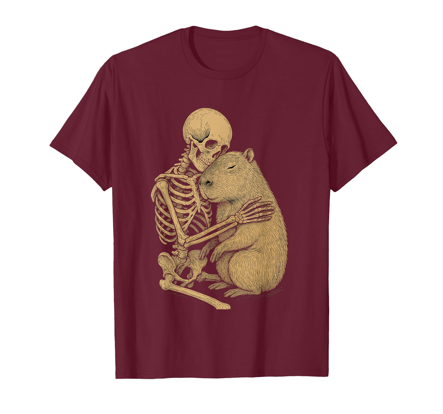 Skeleton Embracing Capybara Gothic Animal Illustration T-Shirt