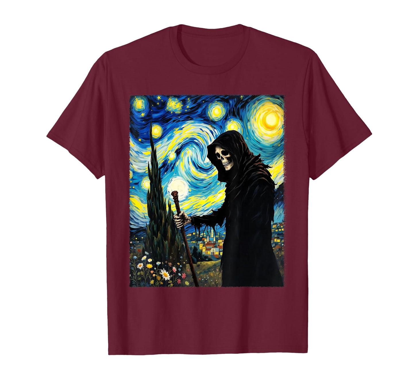 Grim Reaper Van Gogh Starry Night Halloween Party Costume T-Shirt