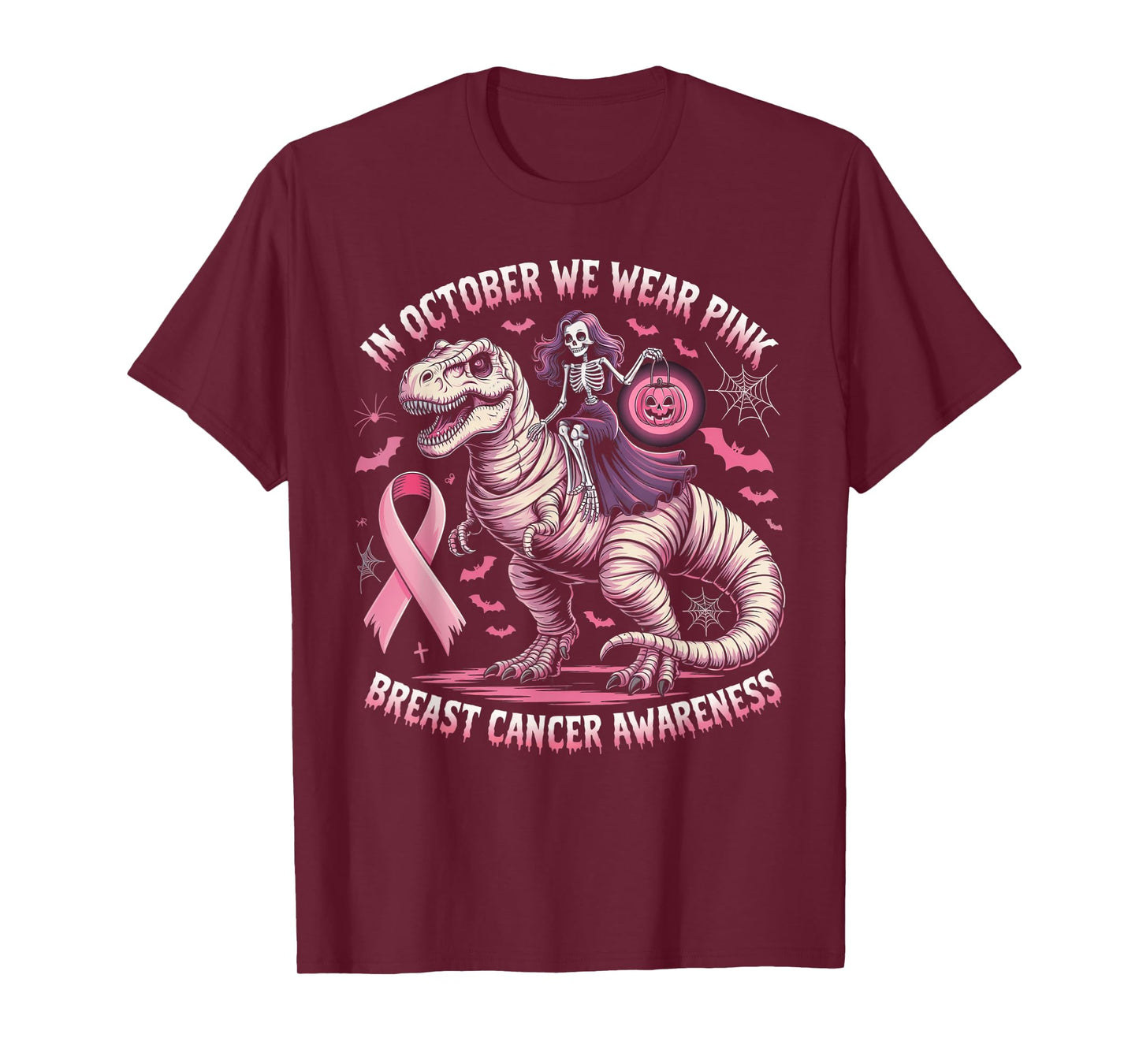 in October We Wear Pink Dinosaur Skeleton Breast Cancer T-Shirt