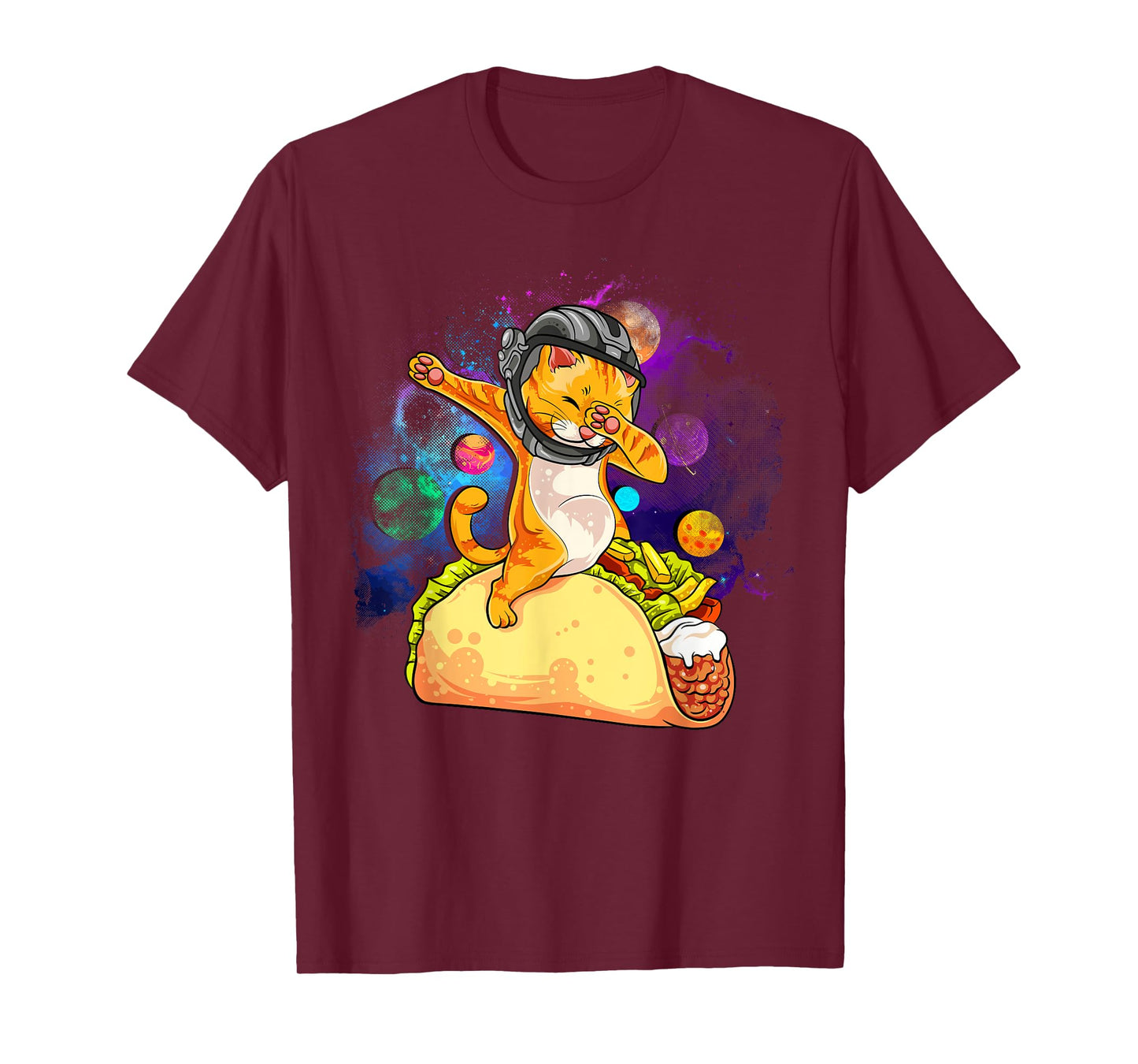 Funny Dabbing Cat Astronaut In Space Riding Taco T-Shirt
