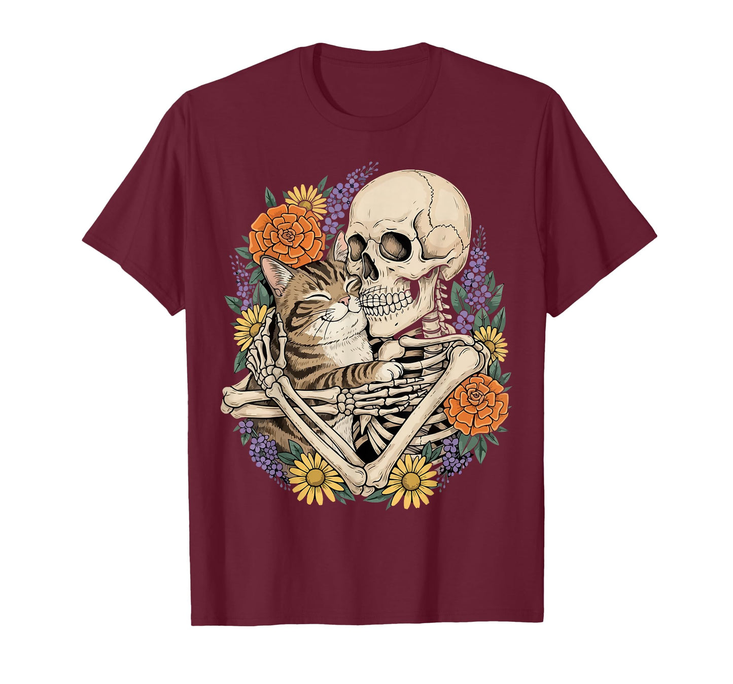 Skeleton Hugging Cat Floral Halloween Cats Lover T-Shirt