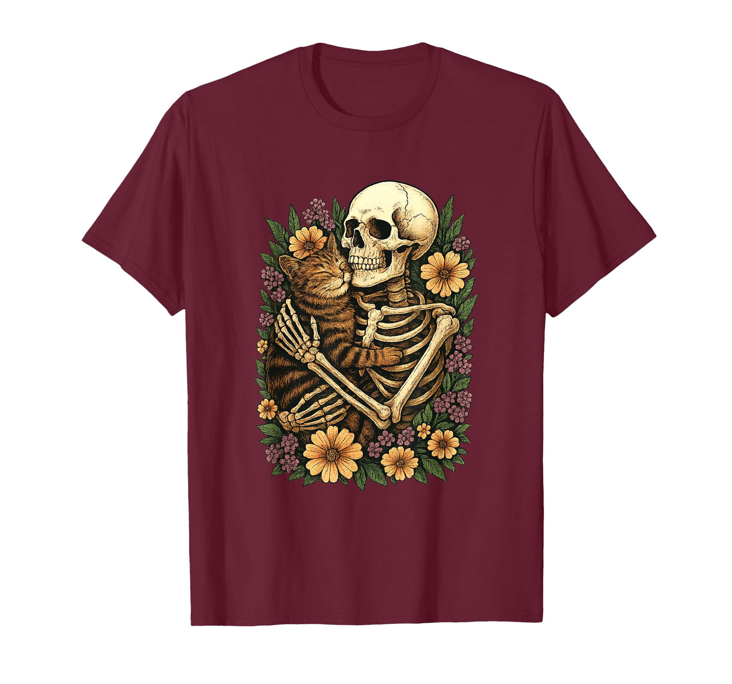 Skeleton Hugging Cat Halloween Costume Cats Lover Men Women T-Shirt