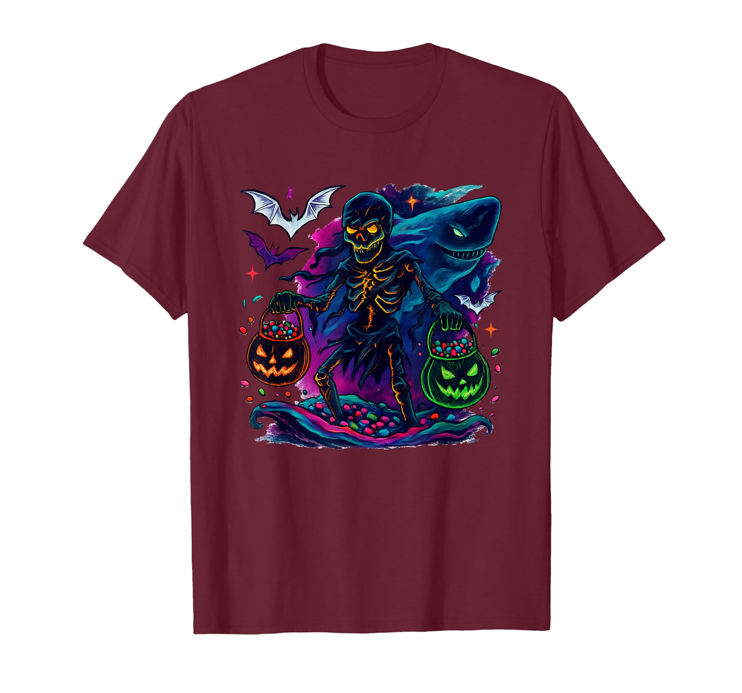 Skeleton Riding Mummy Orca Halloween Candy Whale T-Shirt