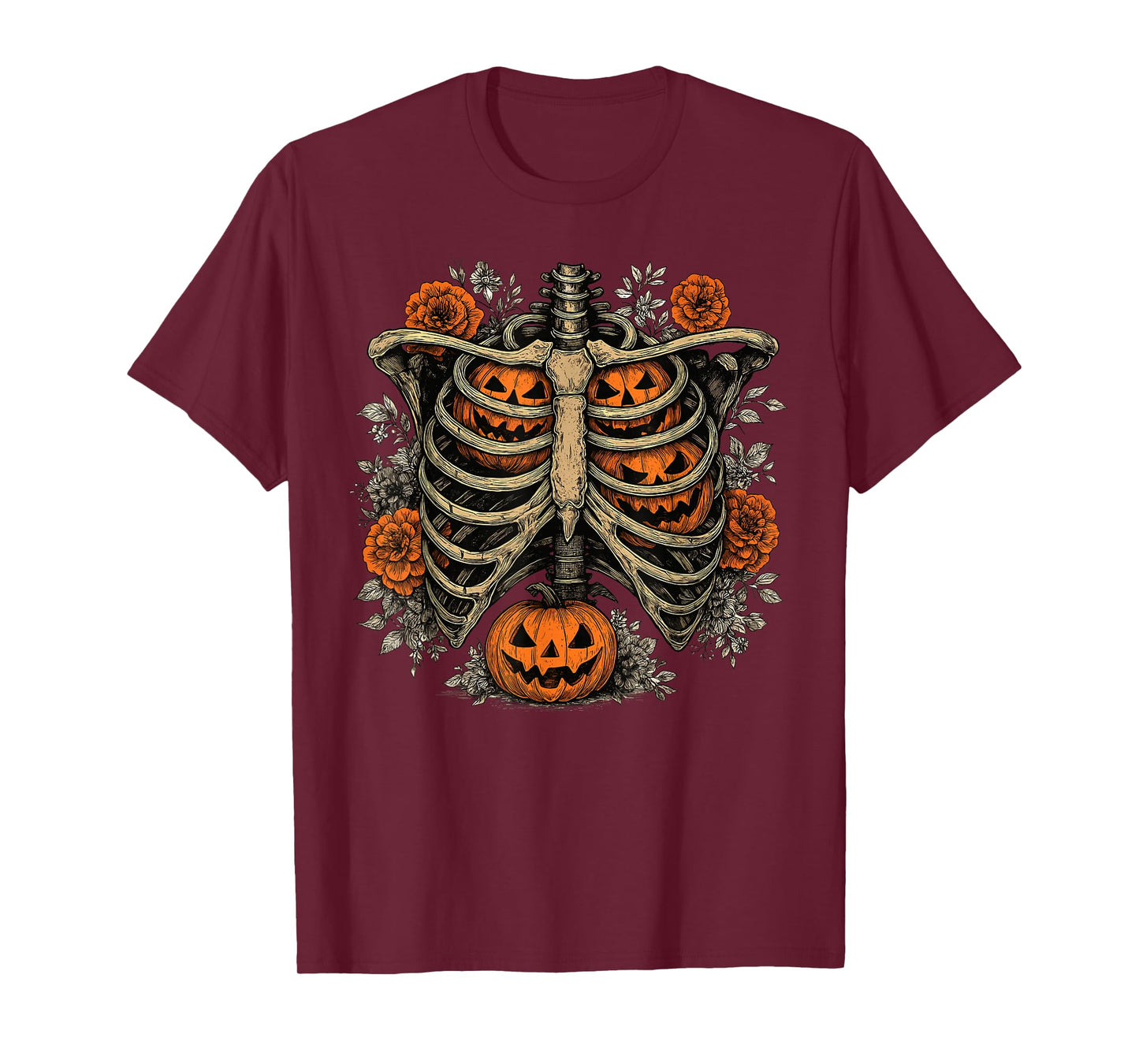 Retro Skeleton Floral Ribcage Pumpkin Fall Halloween Costume T-Shirt