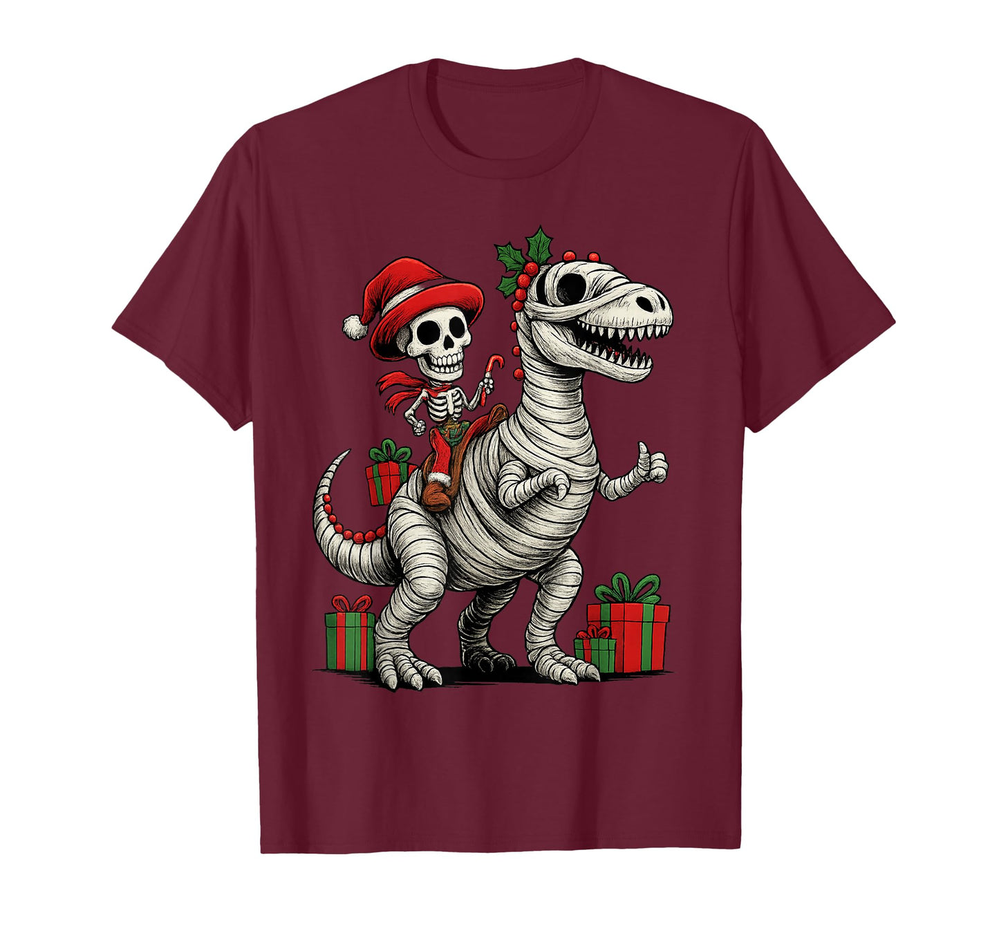 Skeleton Dinosaur Ugly Christmas Party Winter Holiday Season T-Shirt