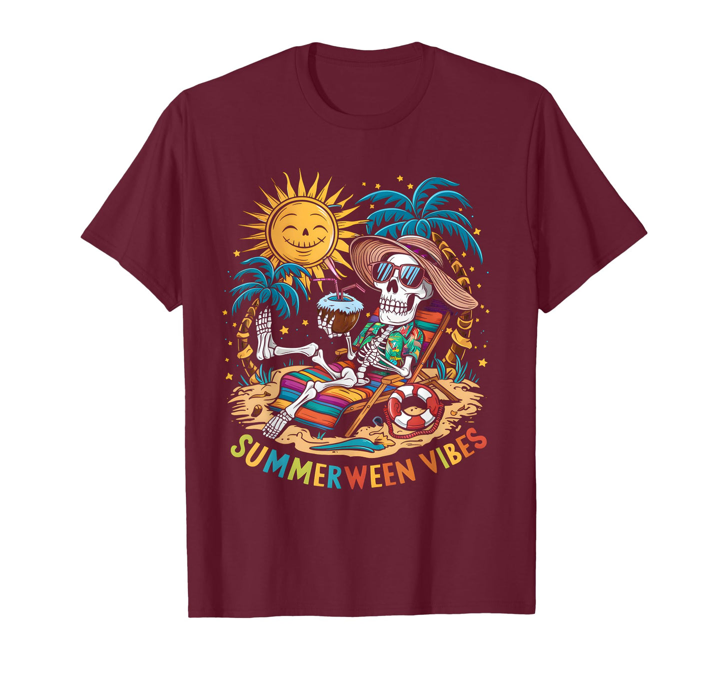 Funny Summerween Vibes Skeleton Summer Vacation Beach Men Women T-Shirt