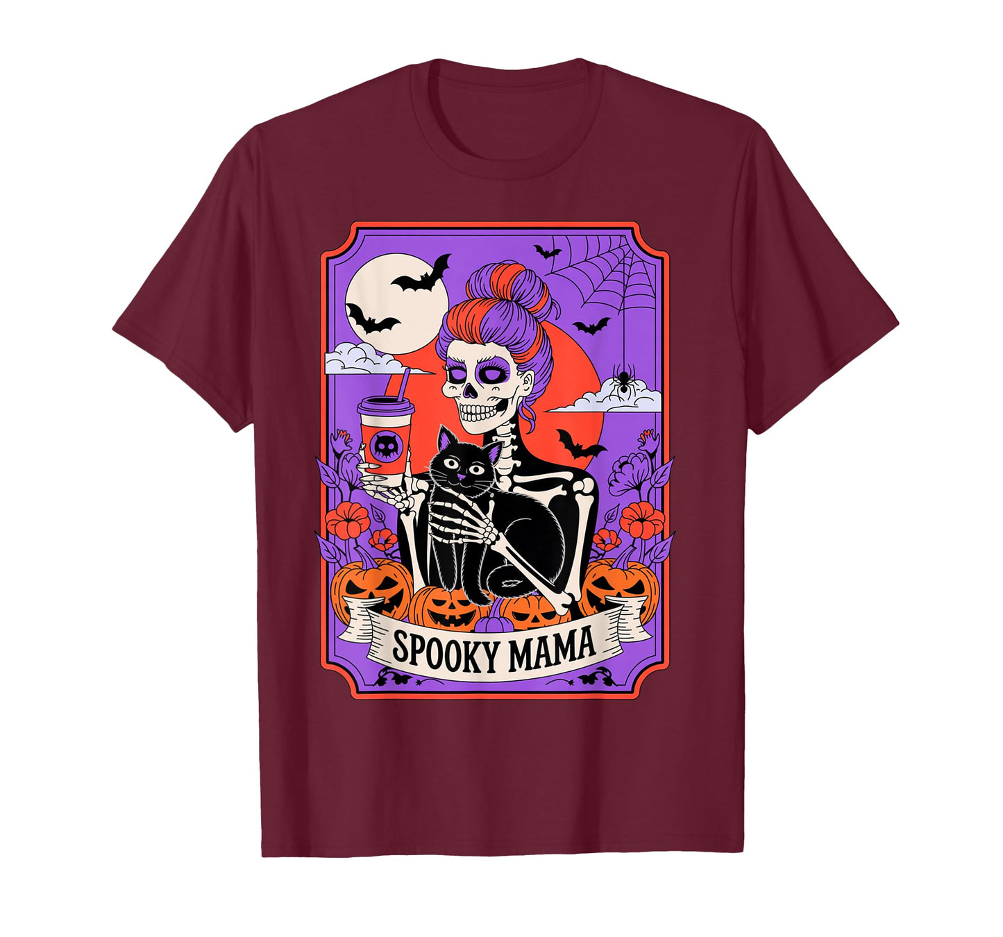 Spooky Mom Skeleton Black Cat Coffee Halloween Pumpkin T-Shirt
