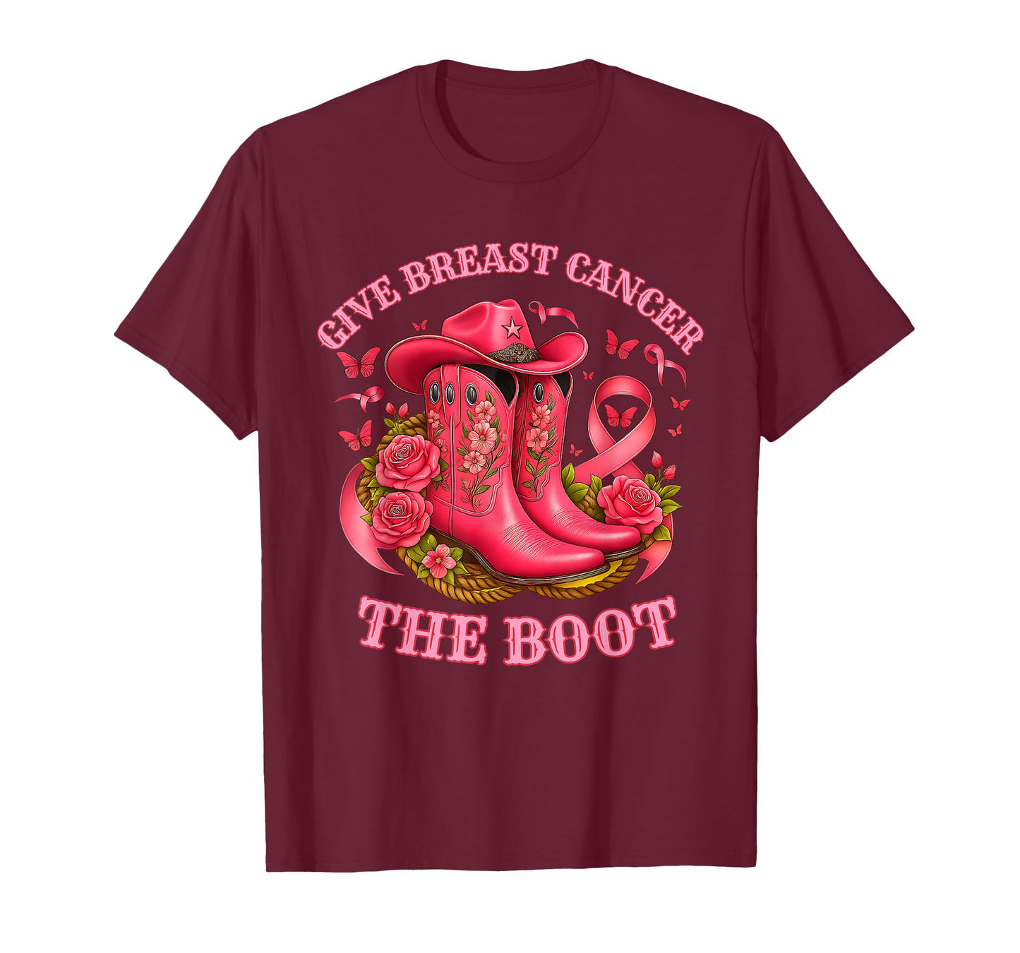 Give Breast Cancer The Boot Cowgirl Pink Ribbon Awareness T-Shirt
