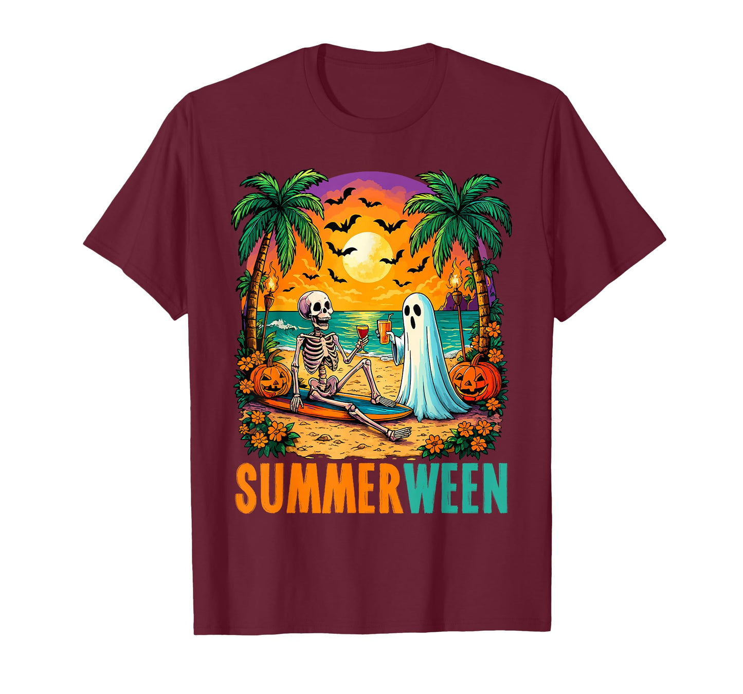 Summerween Ghost & Skeleton Halloween Summer Beach Vacation T-Shirt