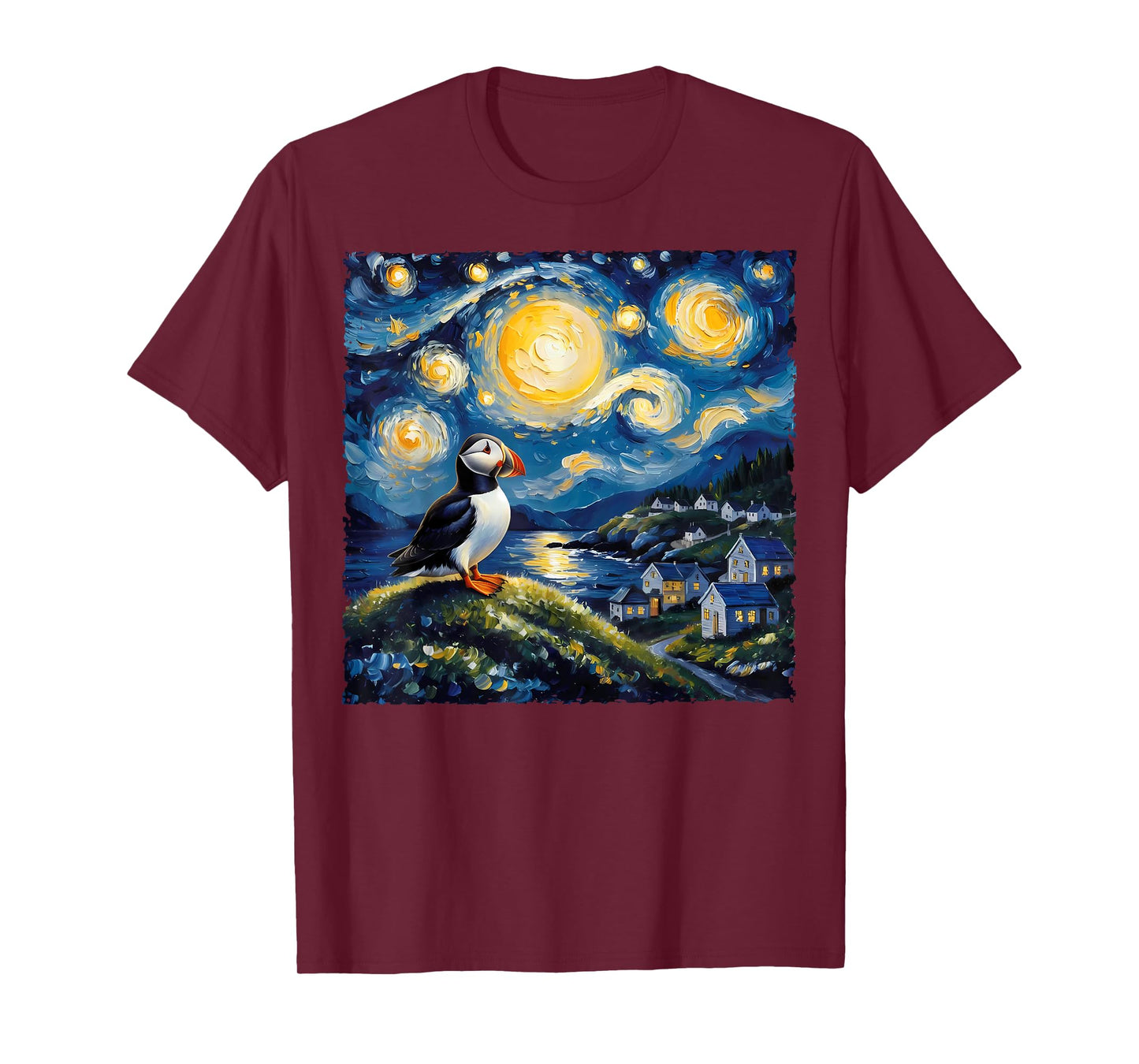 Van Gogh Style Funny Puffin Lover The Starry Night Painting T-Shirt
