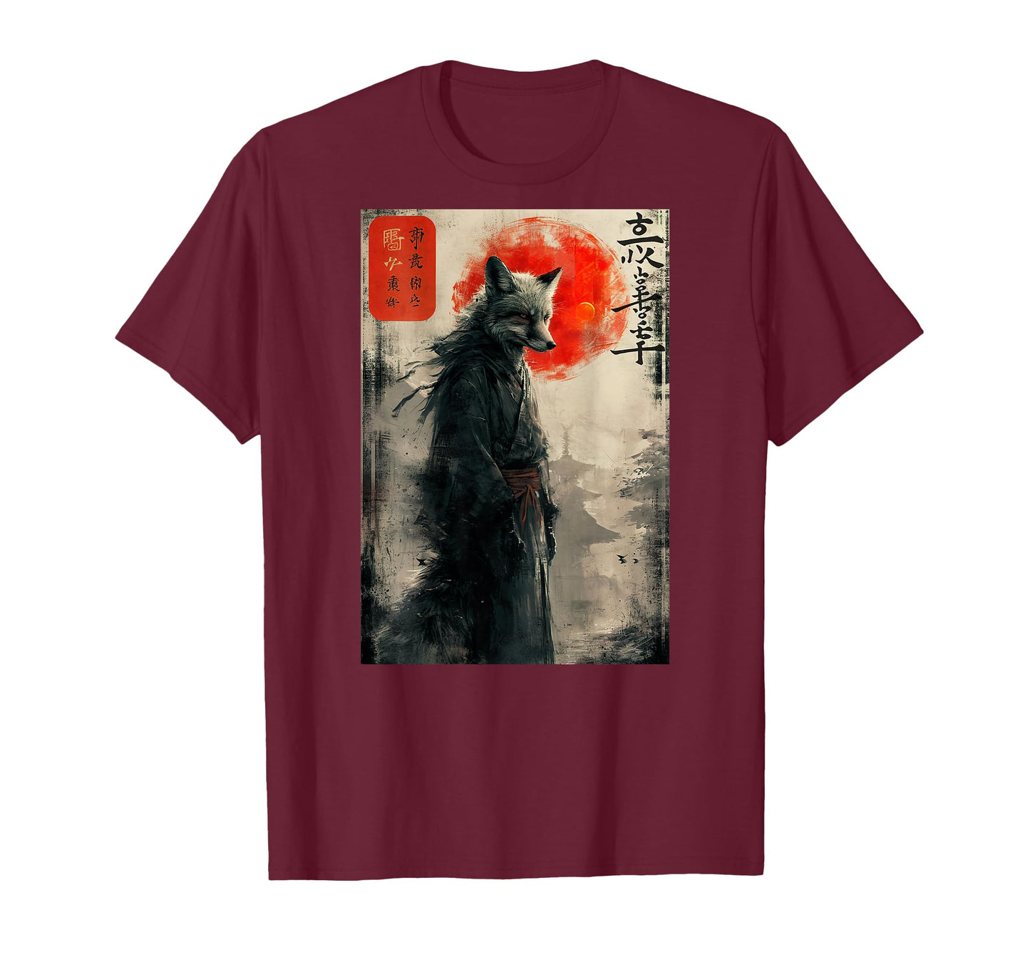 Japanese Woodblock art of a Samurai Fox with Japanese (BACK) T-Shirt