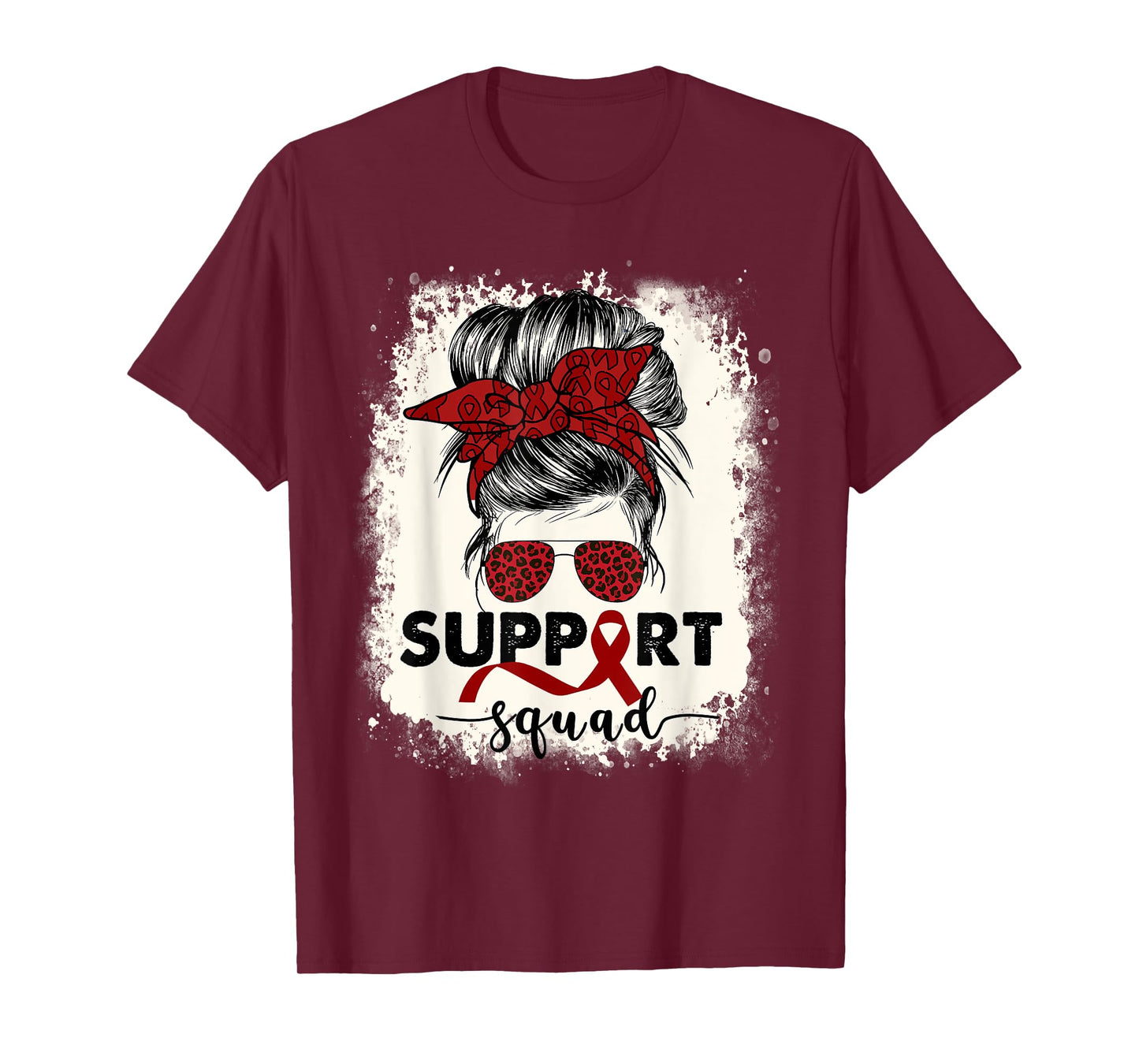Multiple Myeloma Cancer Awareness Burgundy Ribbon Messy Bun T-Shirt
