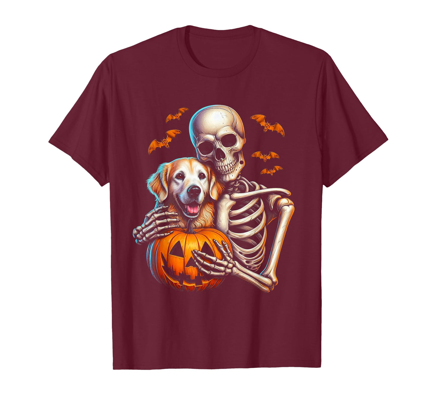 Skeleton Hugging Golden Retriever Halloween Lover Mom Dad T-Shirt