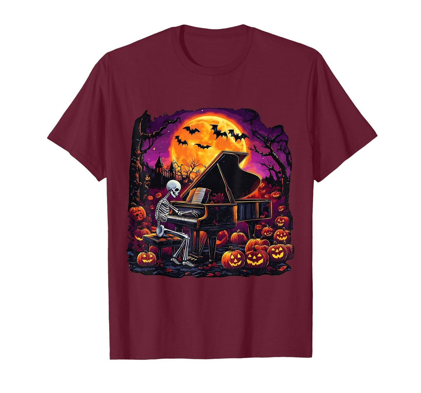 Skeleton Playing Piano with Ghost Funny Halloween Costume T-Shirt