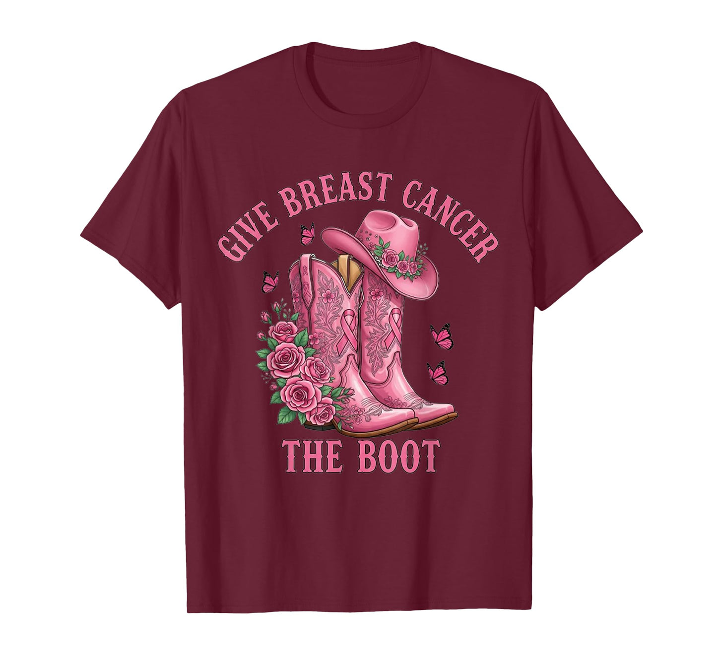 Give Breast Cancer The Boot Cowgirl Cancer Awareness Ribbon T-Shirt